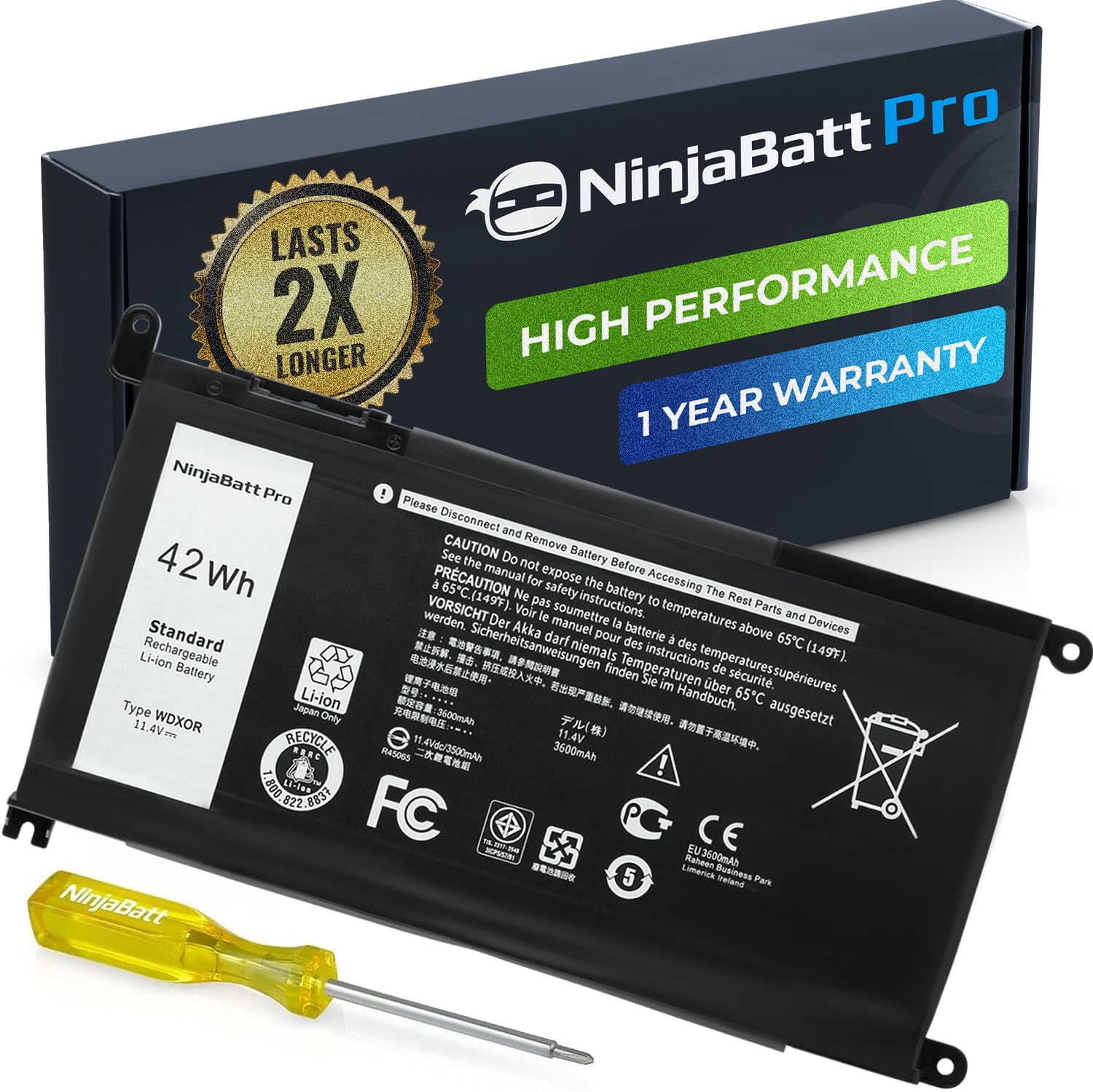 Photo 1 of NinjaBatt WDX0R 42Wh Laptop Battery 1000+ Cycles for Dell Inspiron 13 15 17 5000 7000 7573 5570 5379 7569 5368, Latitude 3379 3189 3390 - WDXOR P69G 3CRH3 P69G001 P58F P58F001 P75F P66F & More