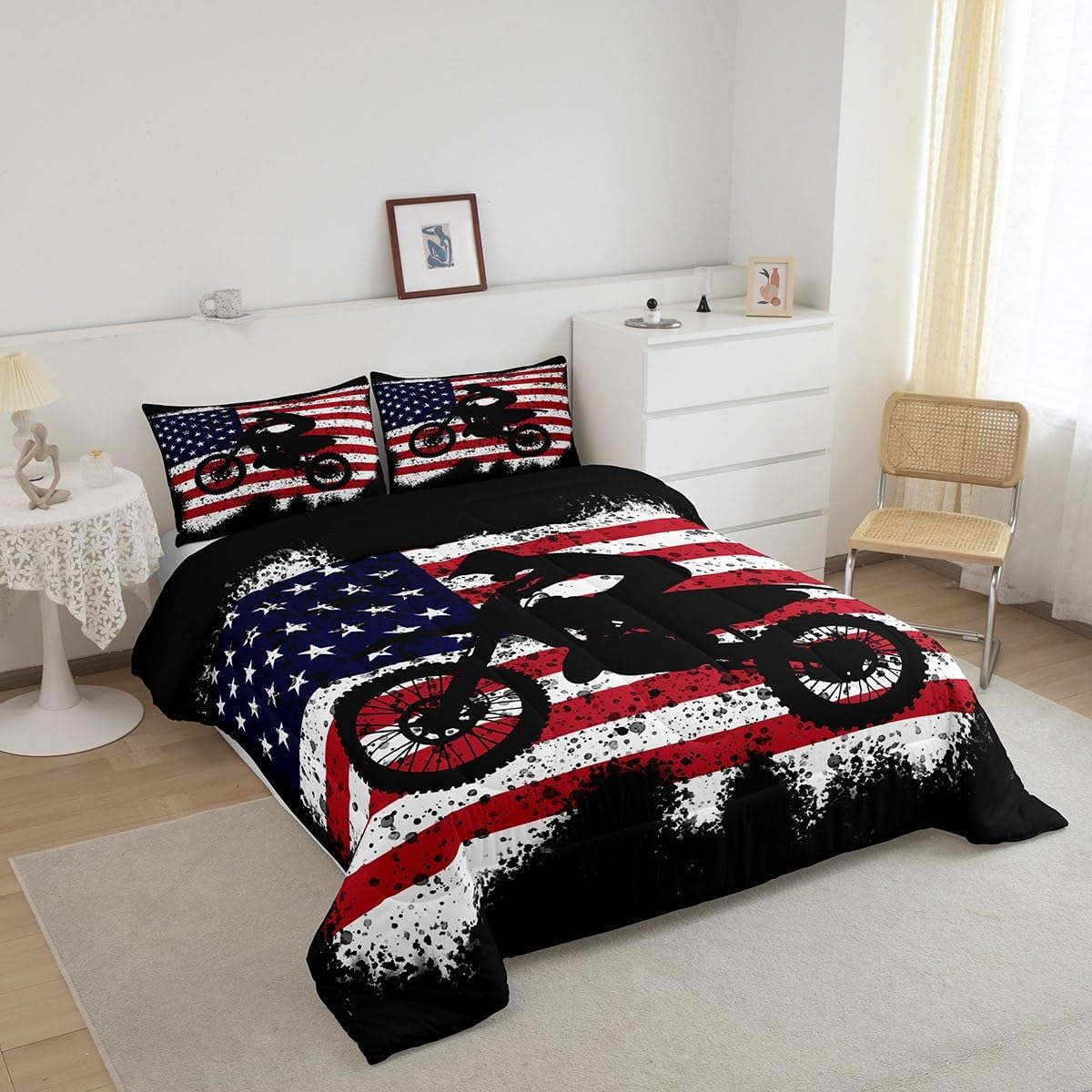 Dirt Bike Twin Bedding Set,Motorcycle Rider Comforter Set Reversible Bed Set Boys Men Bedroom Decor,Vintage American Flag 2 Pieces Quilt Set,Extreme Sports Tie Dye Duvet Insert,1 Pillow Case