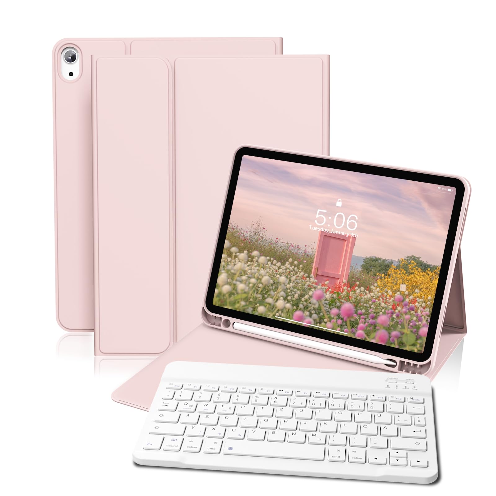 GKABXY Hülle mit Tastatur für iPad (A16) 10/11 Generation, 10.9/11 Zoll, (2022/2025), Soft TPU Rückseite Gehäuse mit Stifthalter, Magnetische Abnehmbar Bluetooth Tastatur, QWERTZ-Layout, Rosa