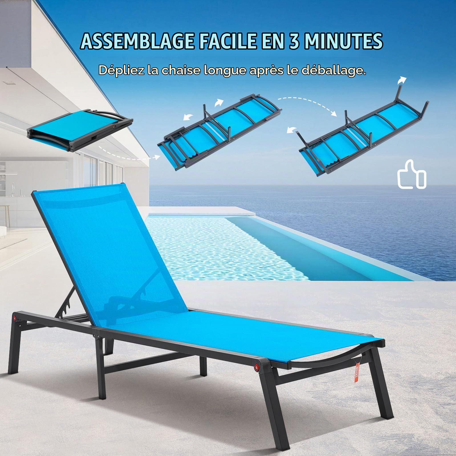 VEVOR Chaise Longue Jardin extérieur, transat de Patio Pliable Aluminium avec 5 Positions réglables, Chaise inclinable de Bronzage entièrement Plate pour terrasse, Plage, Piscine, en Plein air, Bleu