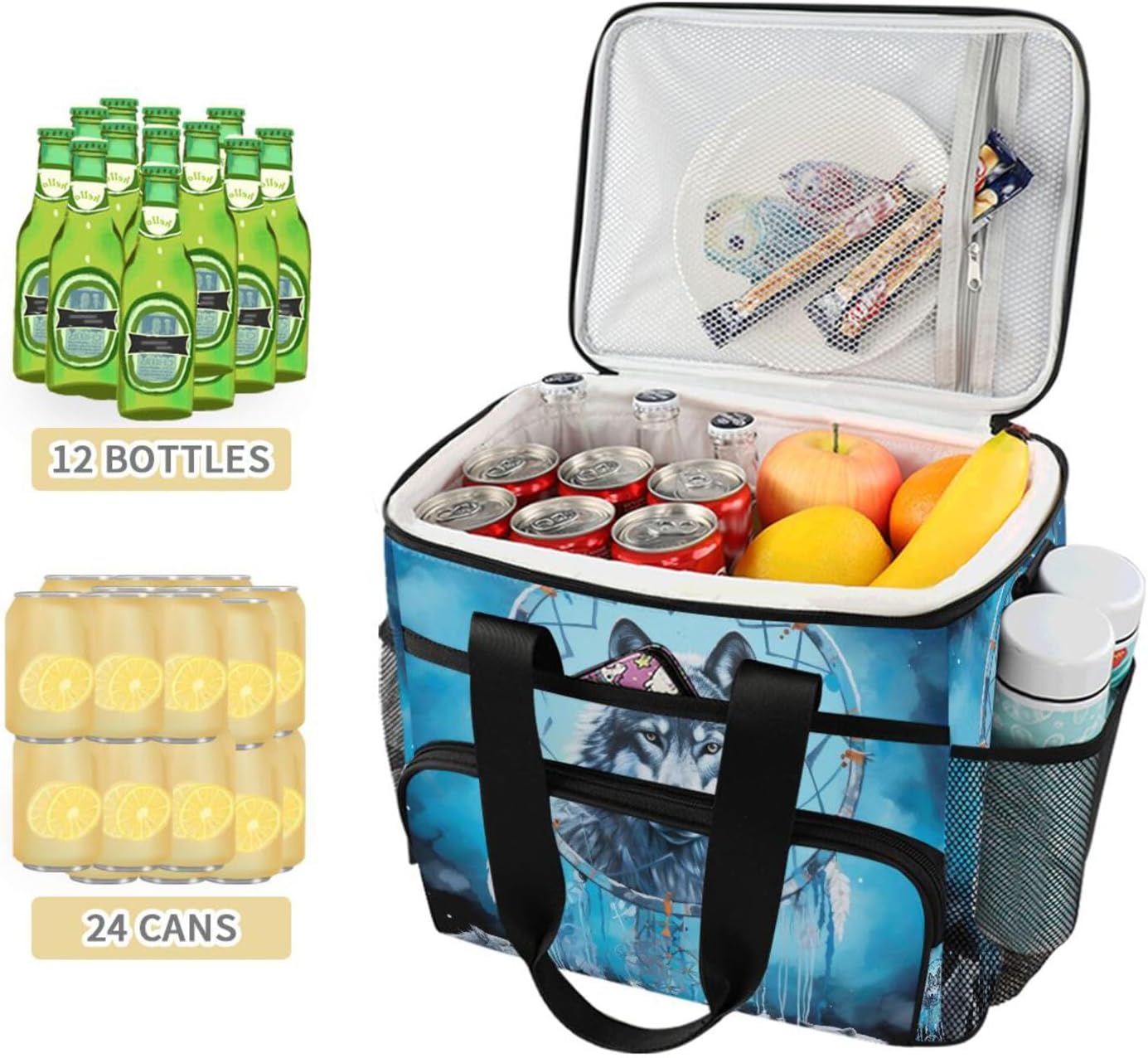 Dream Catcher Wolf Lunch Bag for Women Men 15L Insulated Lunch Box Large Leakproof Cooler Bag with Adjustable Shoulder Strap for Adult Work Picnic