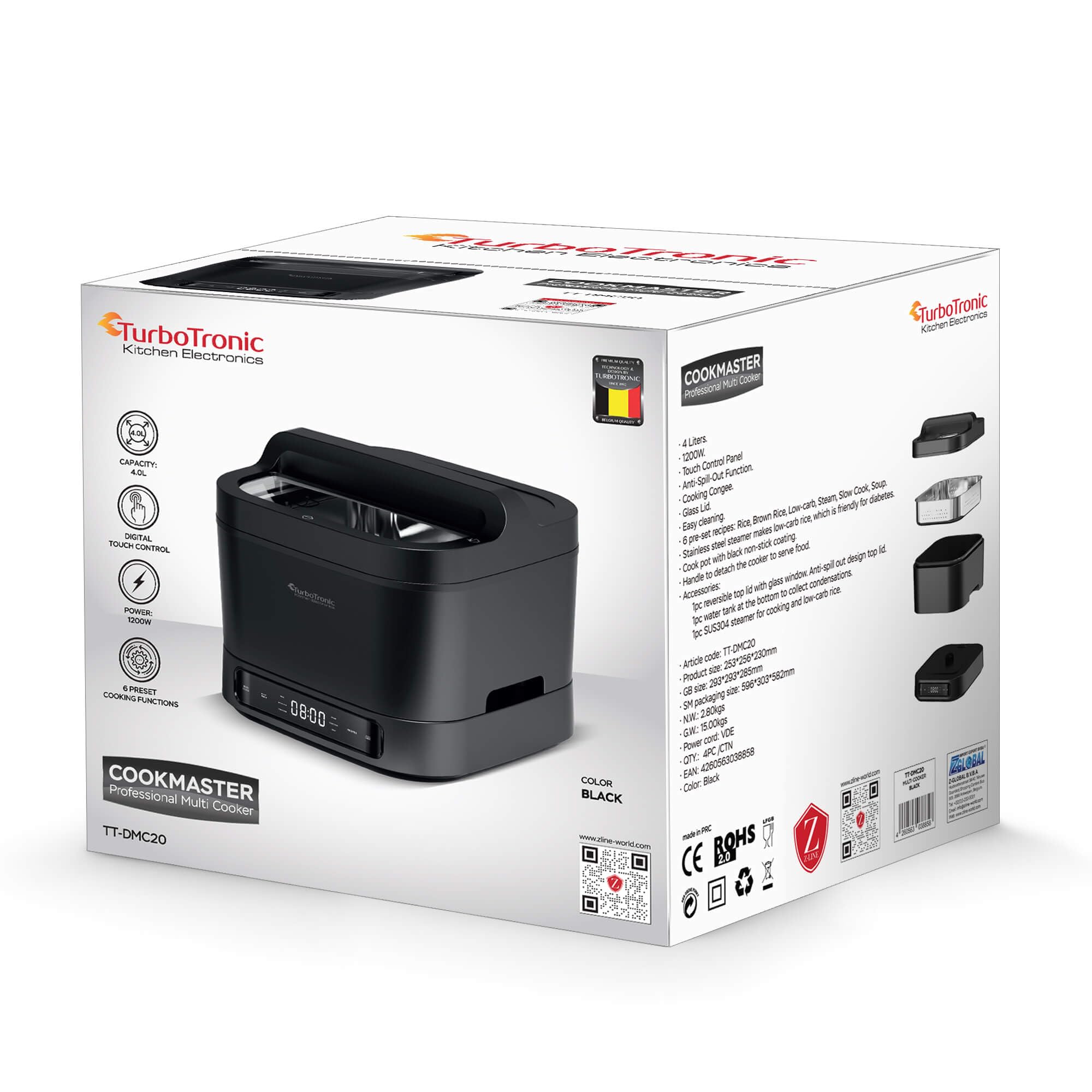 TurboTronic Elektrischer Multikocher 4L Schwarz Dampfkocher, Reiskocher, Slow-Cooker, Küchenmaschine, 1200W, Timer