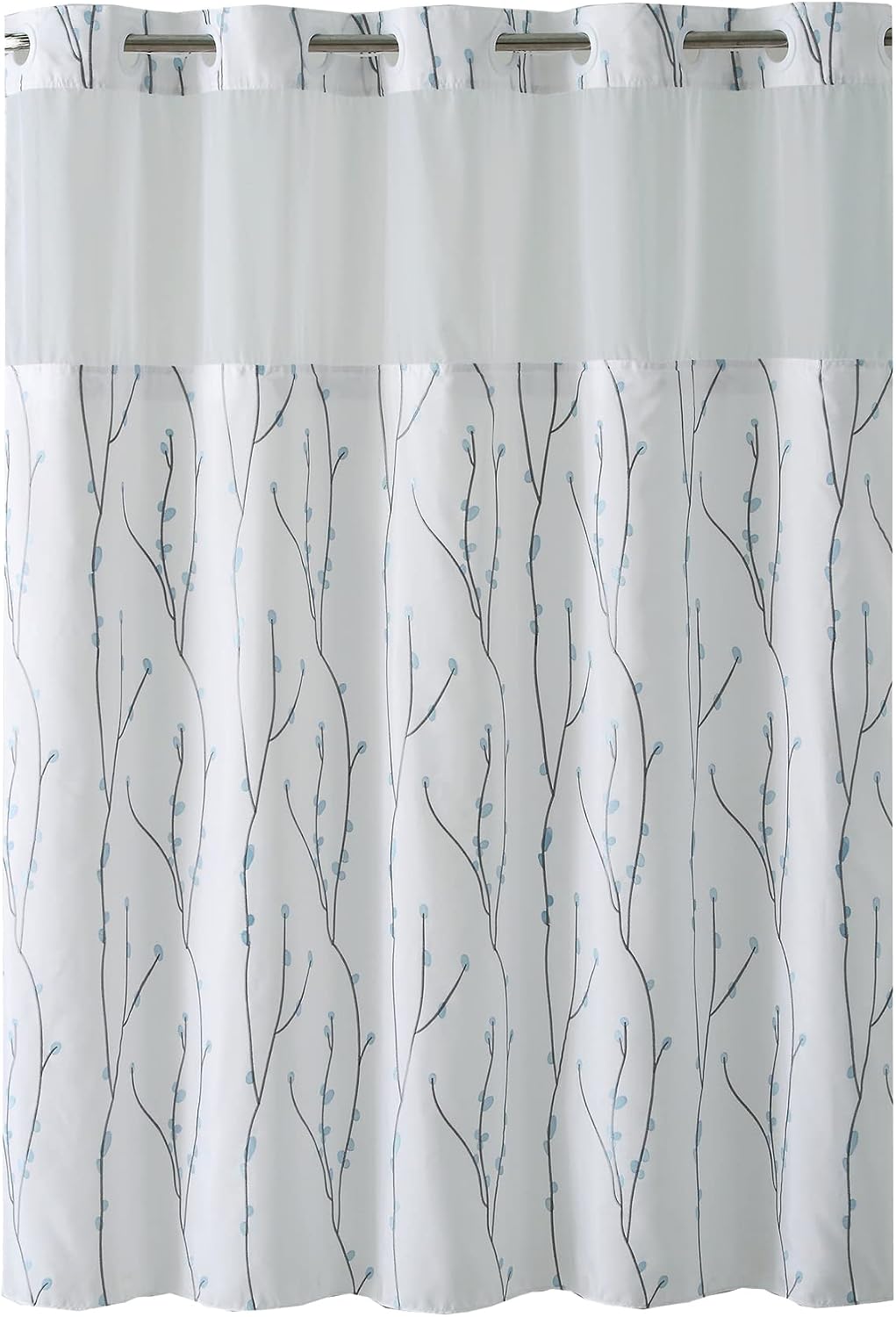 Hookless Cherry Bloom Shower Curtain 71" x 74". Includes a snap in peva Liner and Flex on Rings (no Hooks Required). White/Blue Color