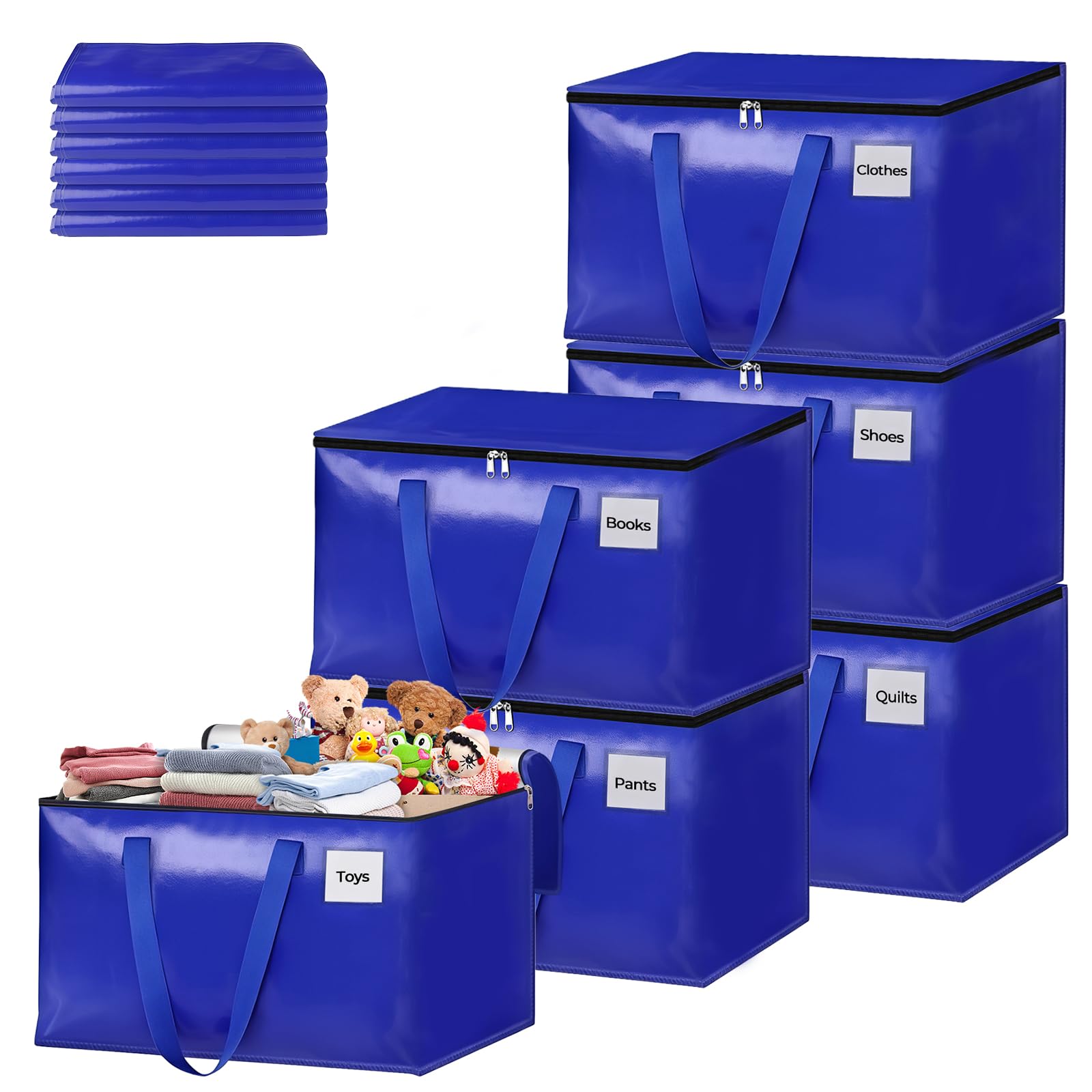 93L sac demenagement, Lot de 6 Imperméable Sacs de Déménagement avec Fermeture éclair et Poignée,Grand Sac de Rangement,Sac Rangement Vetement pour le Vêtement,Couettes et Linge de Lit (Bleu)