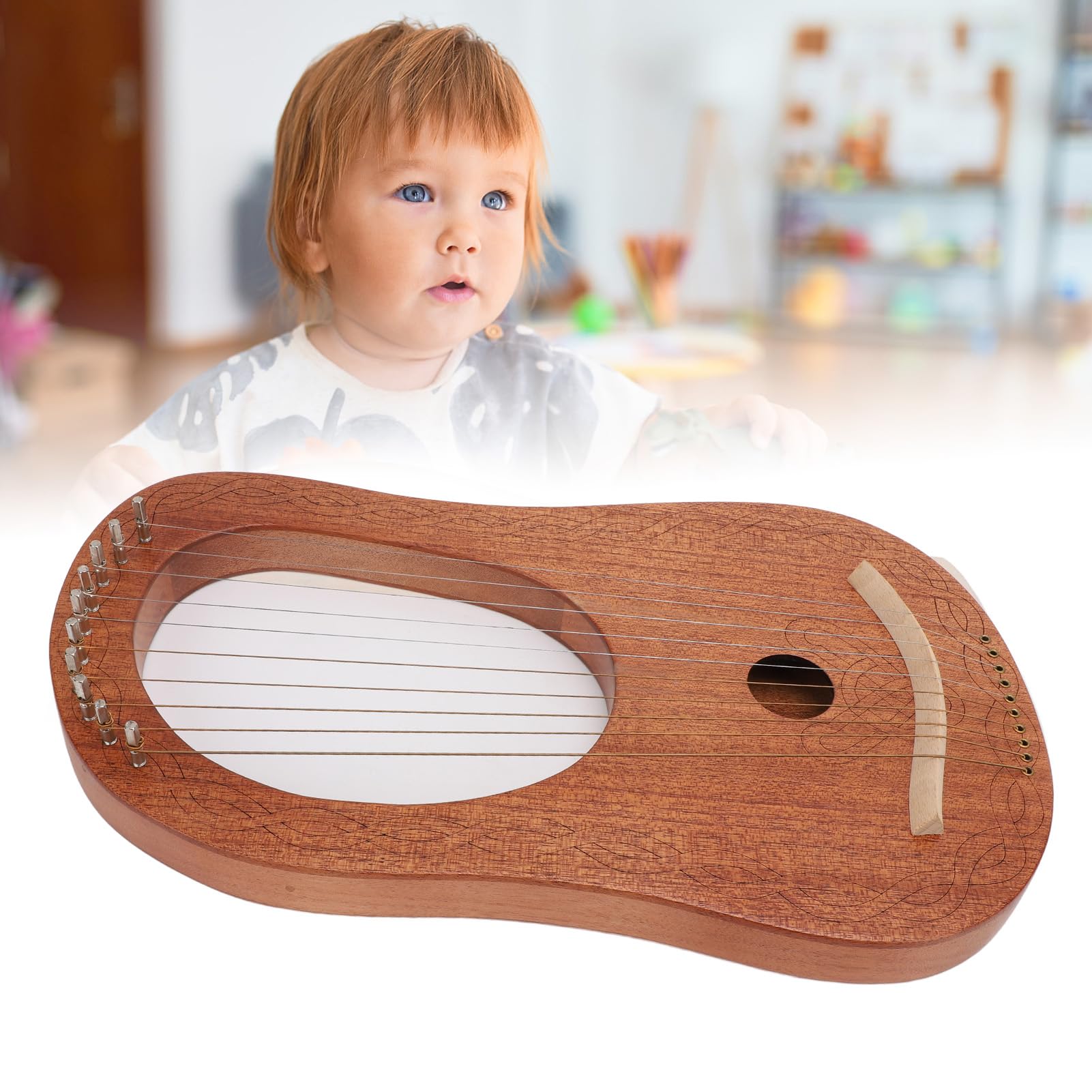 Lyra-Harfe, 10 Saiten, Okoume-Holzkorpus, C-Dur-Mini-Harfe, Schoßharfe mit Stimmschlüssel für Tägliches Üben, Bühnenauftritt, Tragbares Design, Knochensattel, Einfaches Stimmen