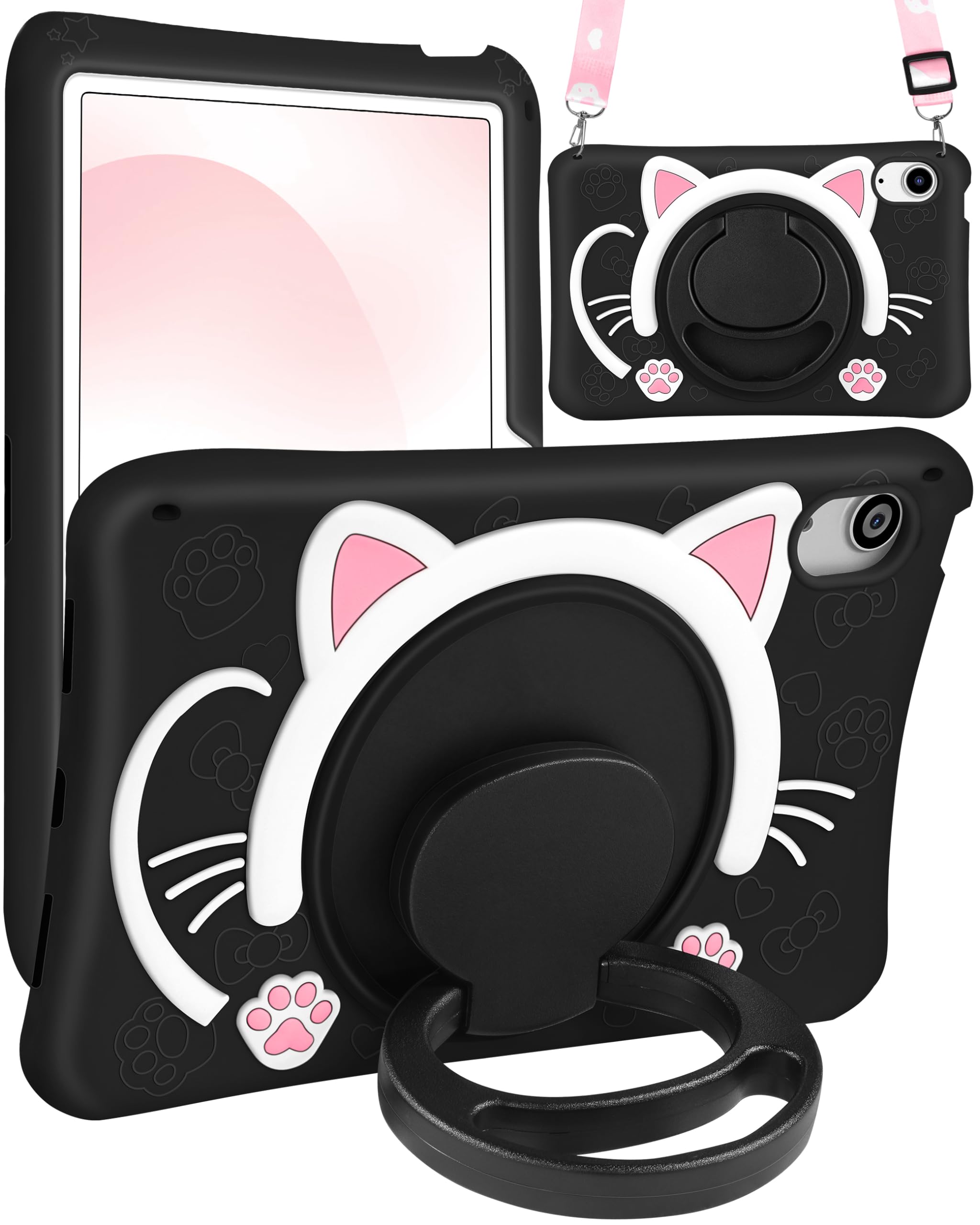 Wazzasoft for iPad mini 7 A17 Pro 2024, for iPad mini 6 Case 8.3 Inch Girls Cute Black Cat Cover Girly Kawaii Women with Rotating Stand & Strap Soft