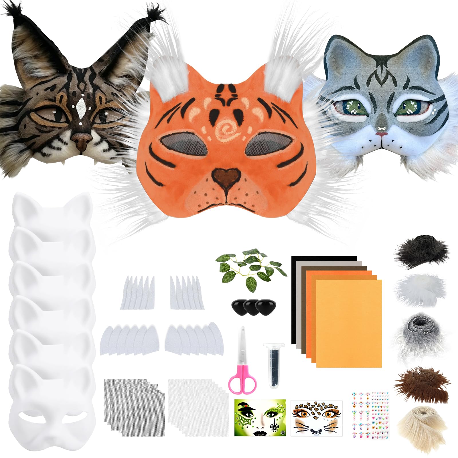 Therian Mask Kit, Cat Fox Masks DIY with Self Adhesive Felt Sheets, Eye Mesh, Ear Shape and Makeup Sticker, Suitable for Masquerade, Cosplay, Role-playing, Halloween Parties Adults Kids