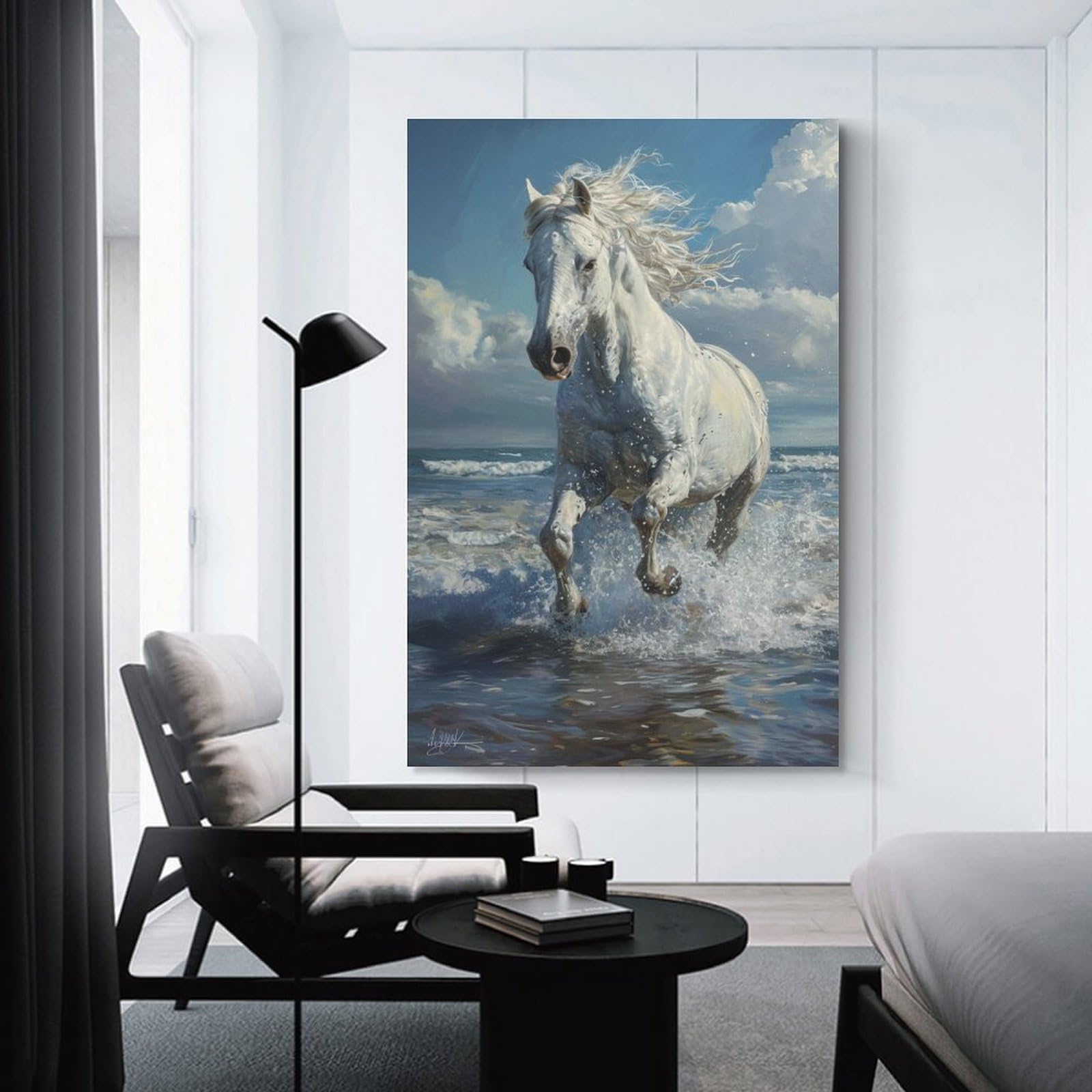 Amazon.co.jp: 絵画 浜辺を走る白い馬 アートパネル ポスター 動物