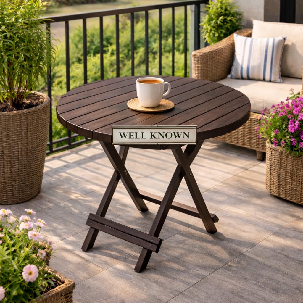 WELL KNOWN Solid Sheesham Wood Round Folding Coffee Table, Center 1 Table for Indoor & Garden Coffee tee (Round Walnut) Sofa Side tabel Multipurpose use Living Room tabel Dining tabel (Black) Hotel-image-34