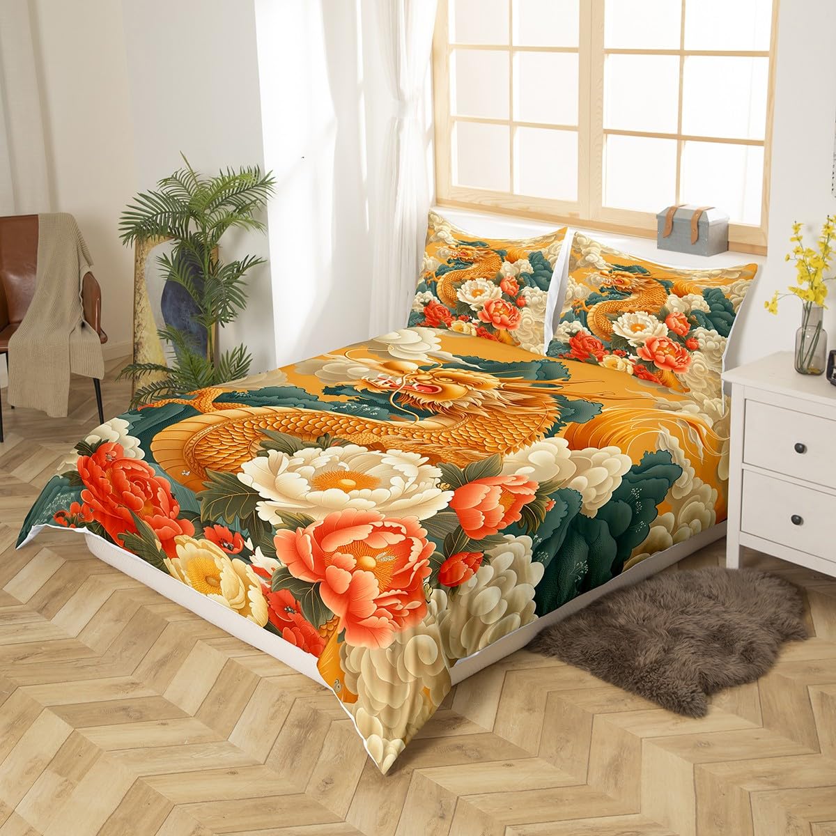 Homewish Chiński smok super king poszewka na kołdrę, azjatycki orientalny smok kwiatowy zestaw pościeli dla dzieci dorosłych, vintage kwiaty japoński styl zestaw pościeli fantazyjny smok poszewka na