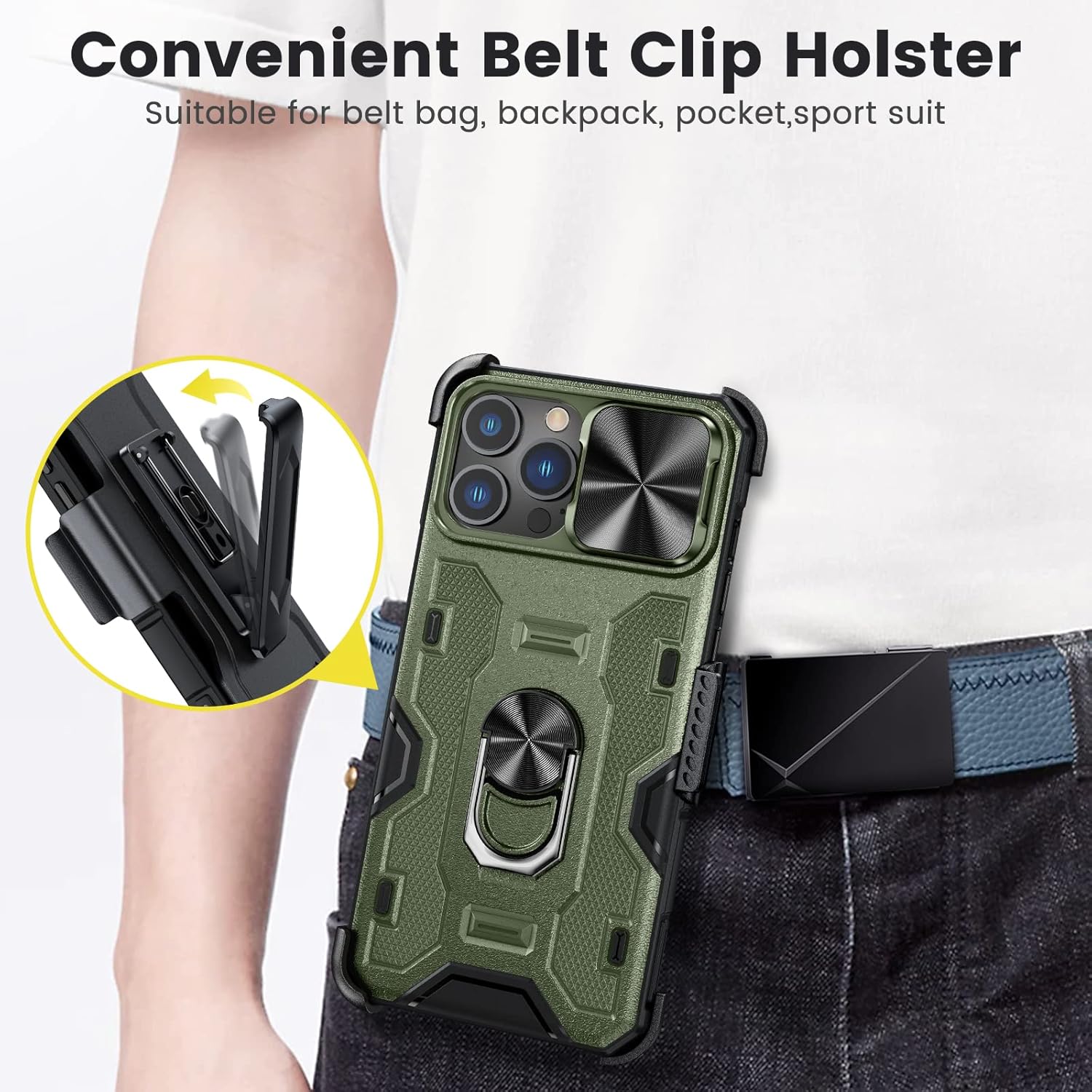 Caka for iPhone 13 Pro Max Case, iPhone 12 Pro Max Case with Kickstand & Belt-Clip Holster Camera Cover with Built-in 360° Rotate Ring Stand Magnetic Case for iPhone 13 Pro Max/12 Pro Max -Green - Image 4