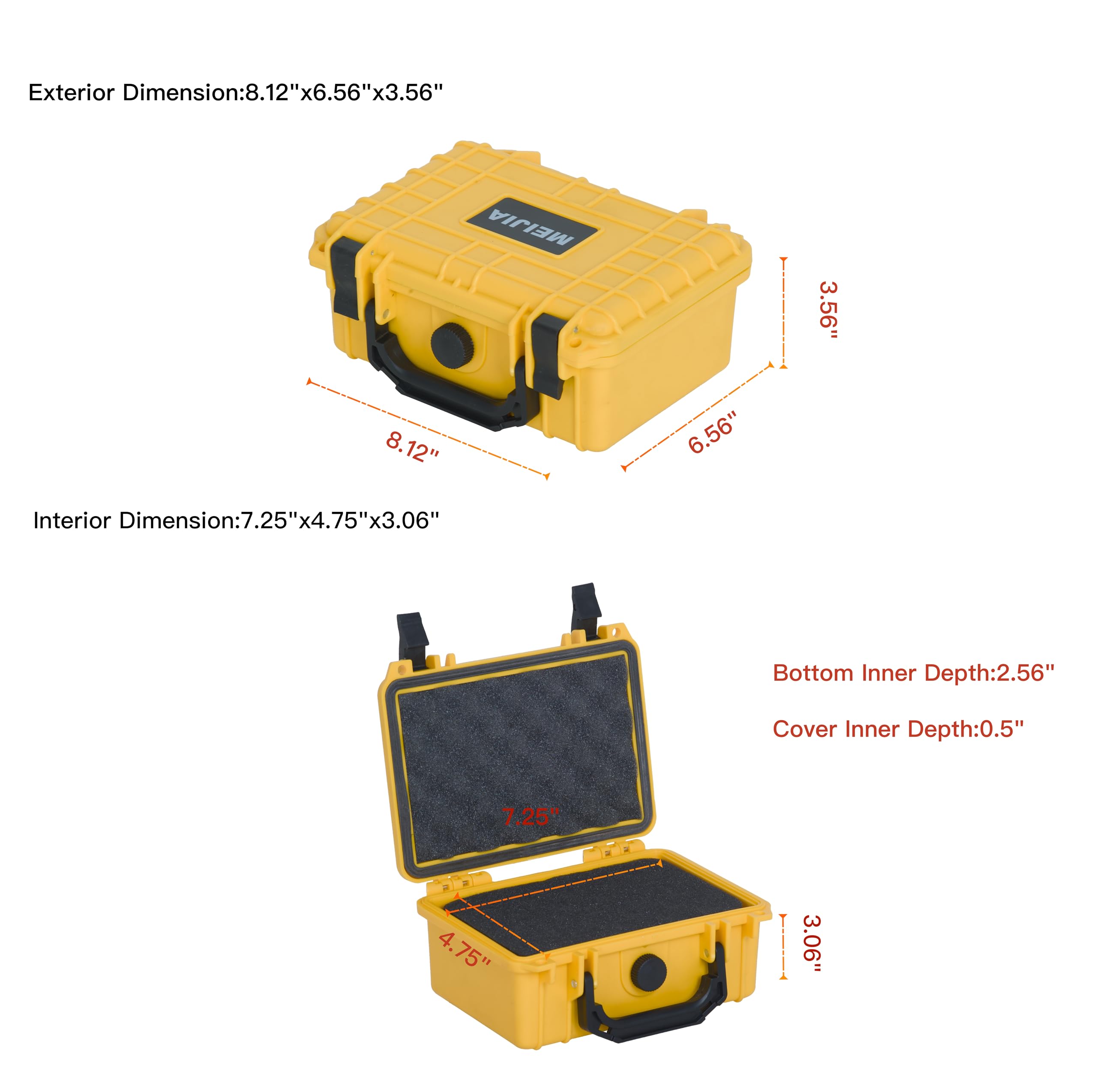 MEIJIA Funda rígida compacta impermeable IP67, espuma de ajuste personalizable, 8.1 x 6.6 x 3.54 pulgadas, apto para uso de drones, cámaras, equipos, lentes (amarillo)