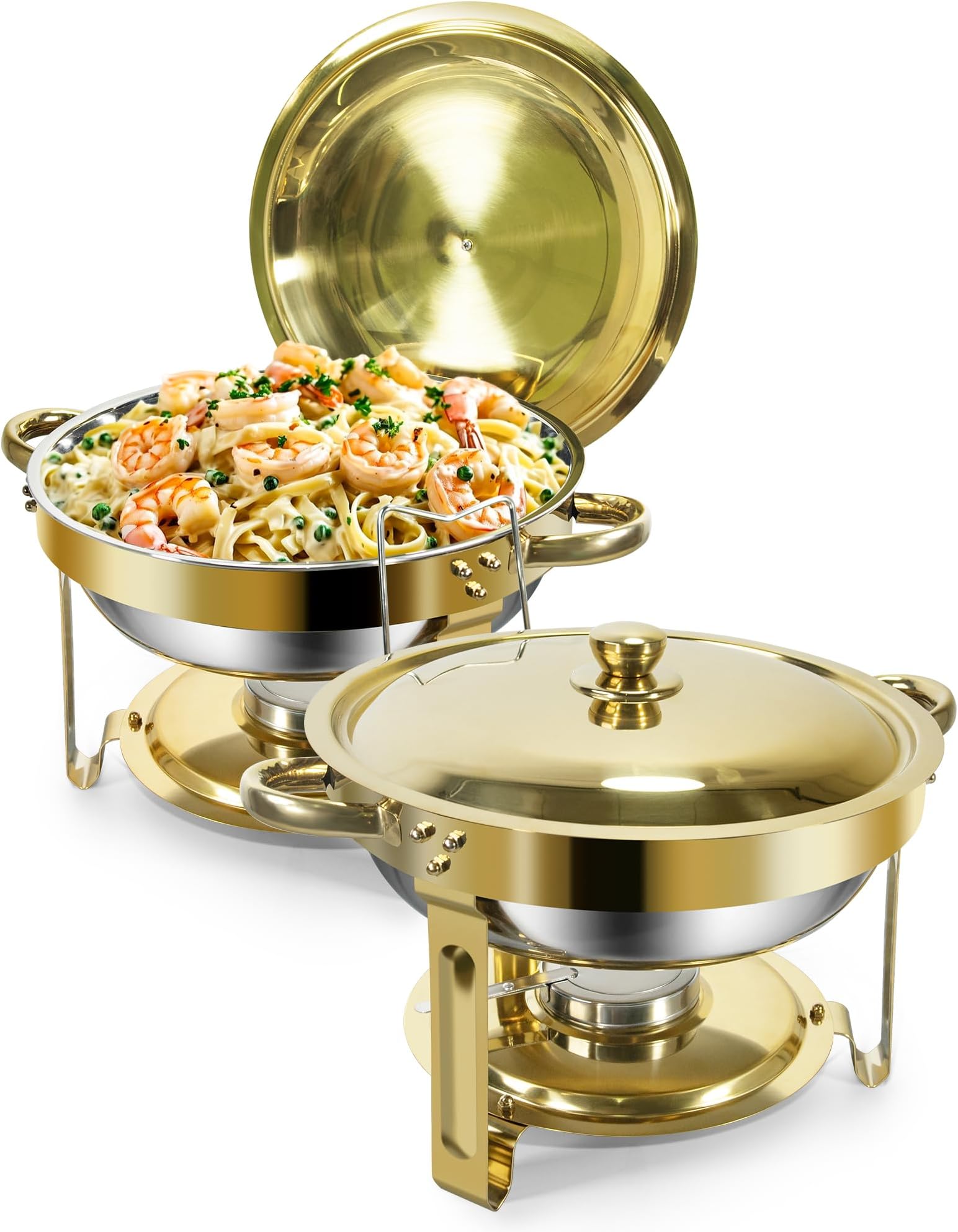 Gold Chafing Dish Buffet Set 5L [Robust and Easy Assembly],2 Pack Round Chafing Dishes,Stainless Steel Warming Containers[Elegant Gold and Silver],Food Warmer for Catering Buffet and Any Party