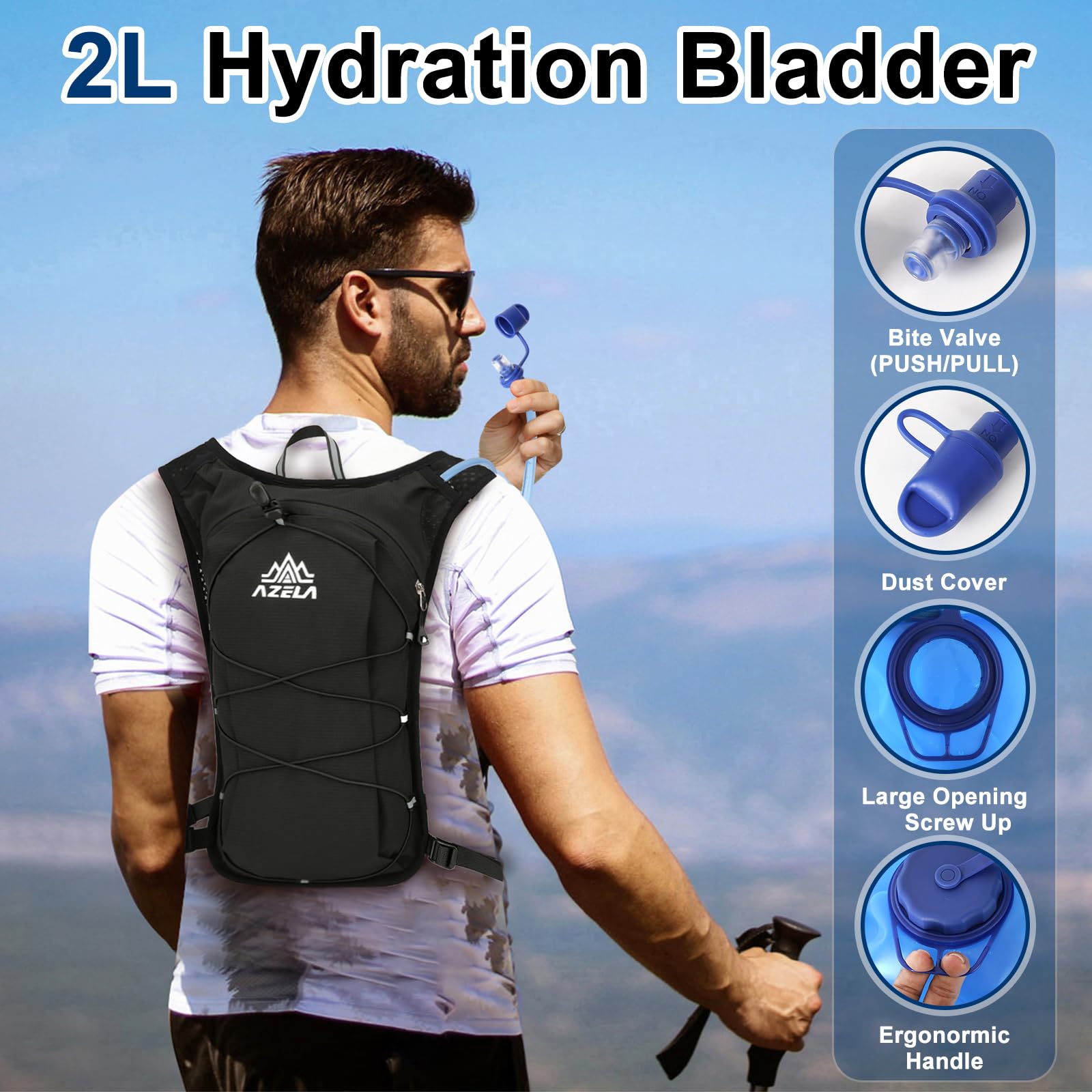 Zaino Trail Running Zaino Idratazione Gilet da Corsa per Uomo e Donna Cinghie Pettorali Regolabili Gilet Running con Vescica 2L Borraccia Morbida 500ml, per Outdoor, Maratona, Ciclismo, Alpinismo