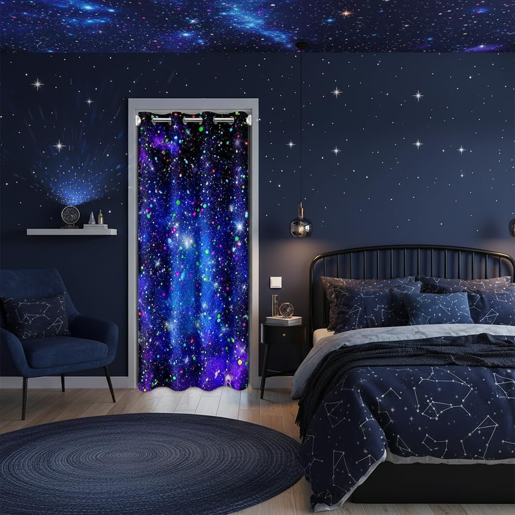 Castle Fairy Starry Galaxy Door Curtain 1 Panel 52" W X 80" L Outerspace Blue Purple Clouds Dreamy Doorway Curtain for Closet Door Colorful Glitter Stars Modern Door Drape for Bedroom Privacy