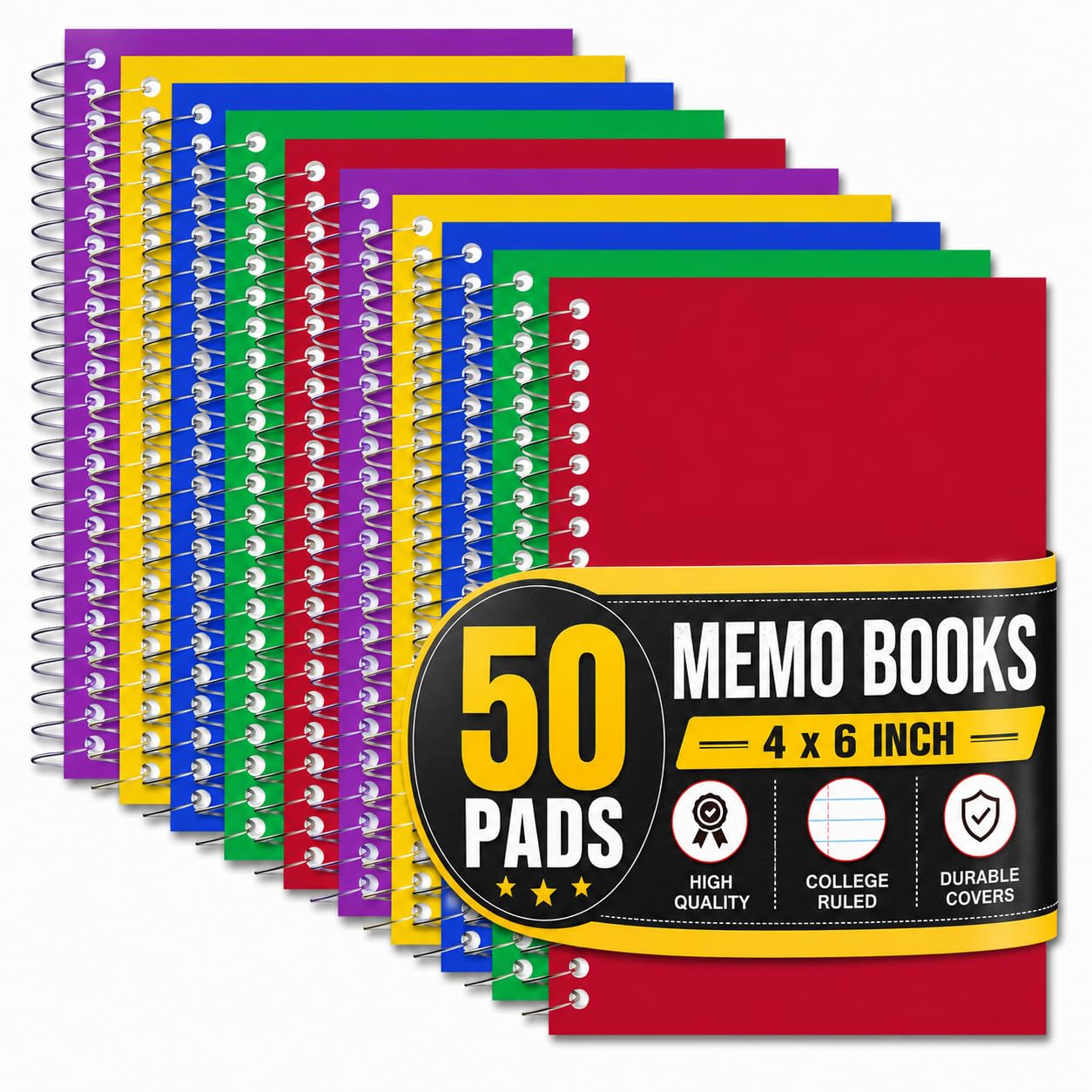 1InTheOffice - Libretas de notas en espiral, bloc de notas de 4 x 6 pulgadas, con rayas universitarias, tamaño pequeño 4 x 6, surtido, 50 hojas/bloc, 15 almohadillas/paquete