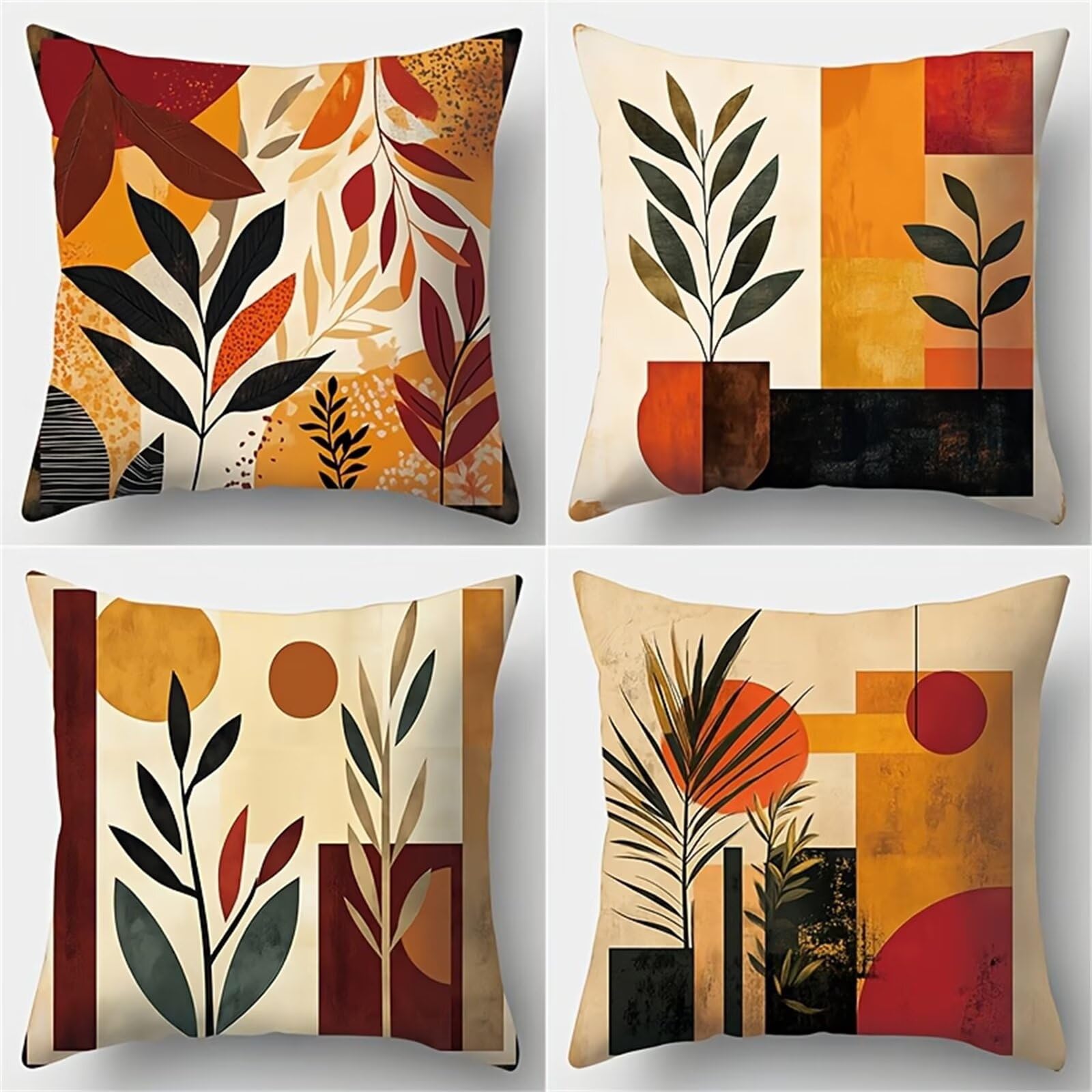 QiHon Cushion Covers 60x60 cm Set of 4 Black Burgundy Leaves Linen Square Pillow Cases 24x24 inch Modern Decorative Throw Pillow Covers for Sofa Couch Bedroom Home Office with Invisible Zipper