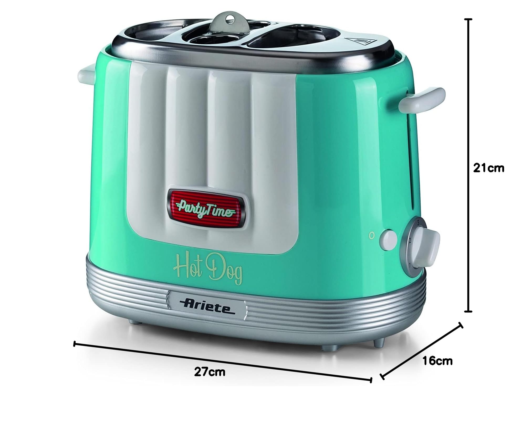 Ariete 206 Hot Dog Maker Party Time, Hot Dog Maker, 650 W, 5 Garstufen, 4 Garräume, automatischer Auswurf, hellblau