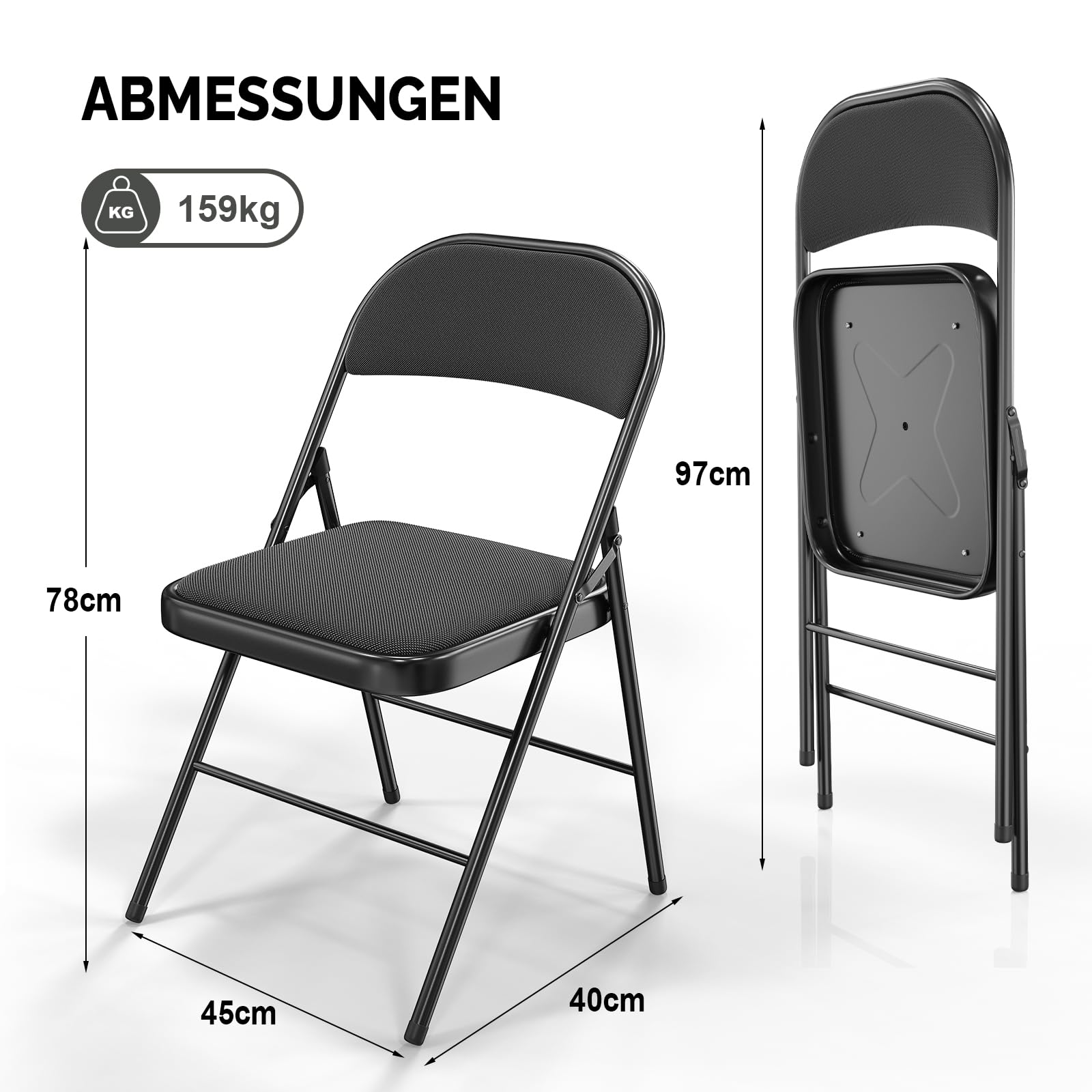 Bonnlo Klappstuhl 6er Set Stahl Stoff Gepolsterte Klappstühle Stabiler Stahlrahmen bis 159 kg Faltbarer Stuhl Schwarz
