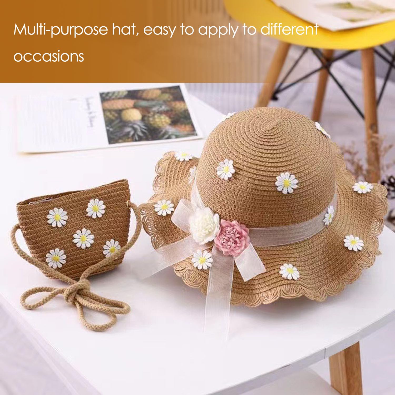 Chapeaux De Paille Filles, Chapeau avec Sac, Chapeau De Soleil en Paille pour Enfants, Rose, Kaki, Papyrus