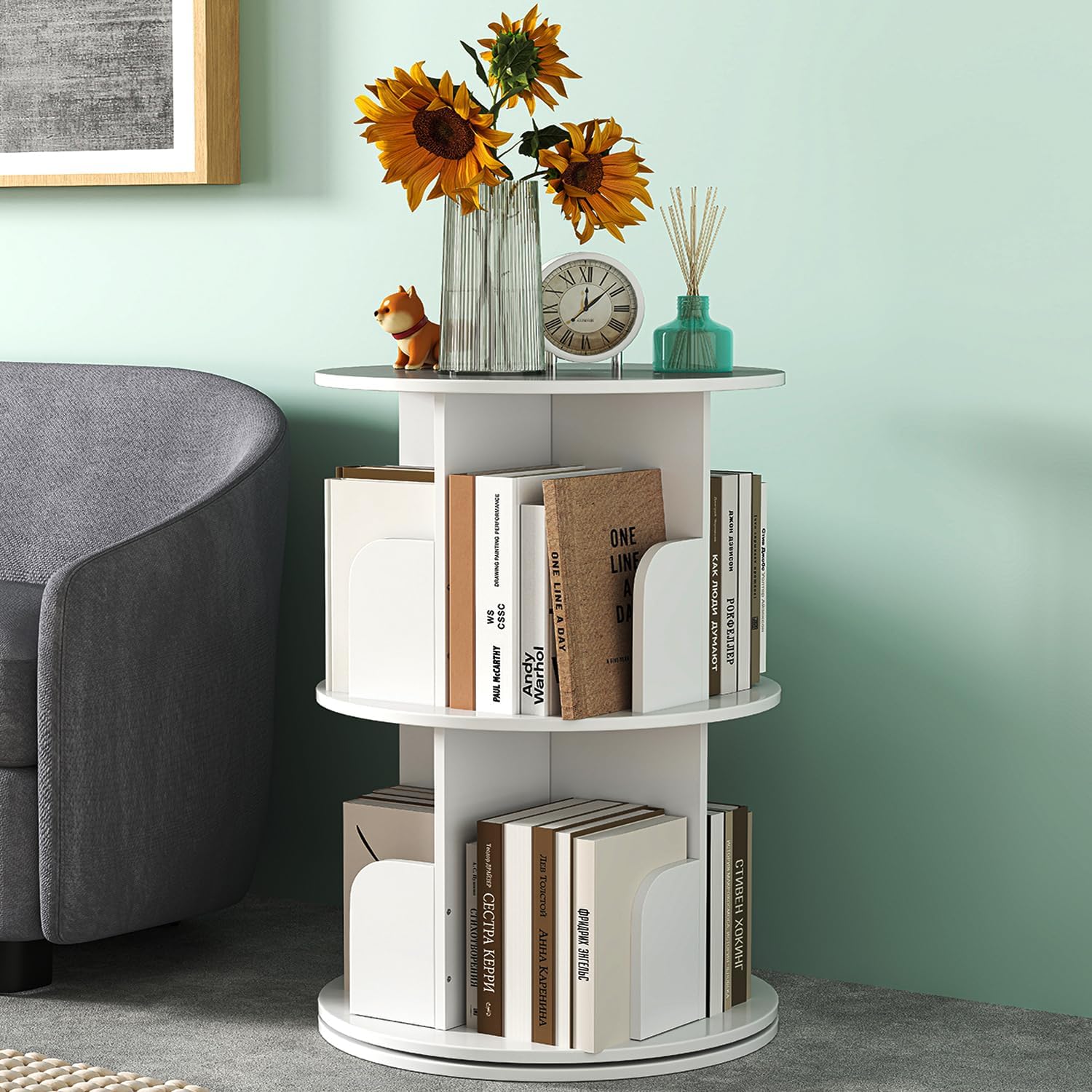 Nisorpa 2 Tier Rotating Bookshelf, 360° Revolving Bookcase Rotating Stackable Shelves Floor-Standing Storage Display Rack Used in Bedrooms Living Rooms Study Office (26"x18"x18")