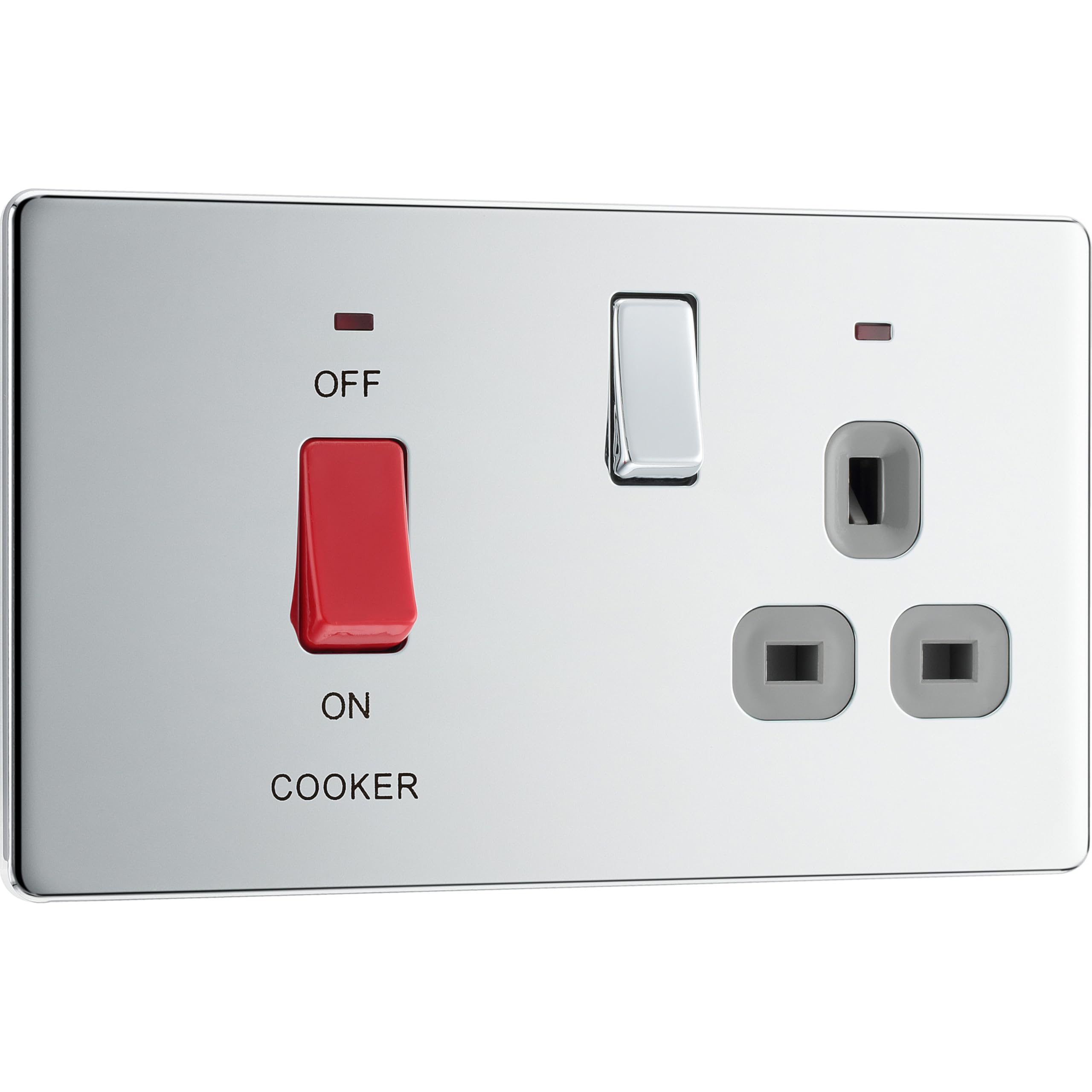 British General Polished Chrome Bg Electrical Cooker Switch With Socket And Led, Cooker Control Unit, Control Socket, Double Pole, Screwless Front Plate, Slim Profile, Premium Flatplate, Grey Inserts, 45A, Fpc70g