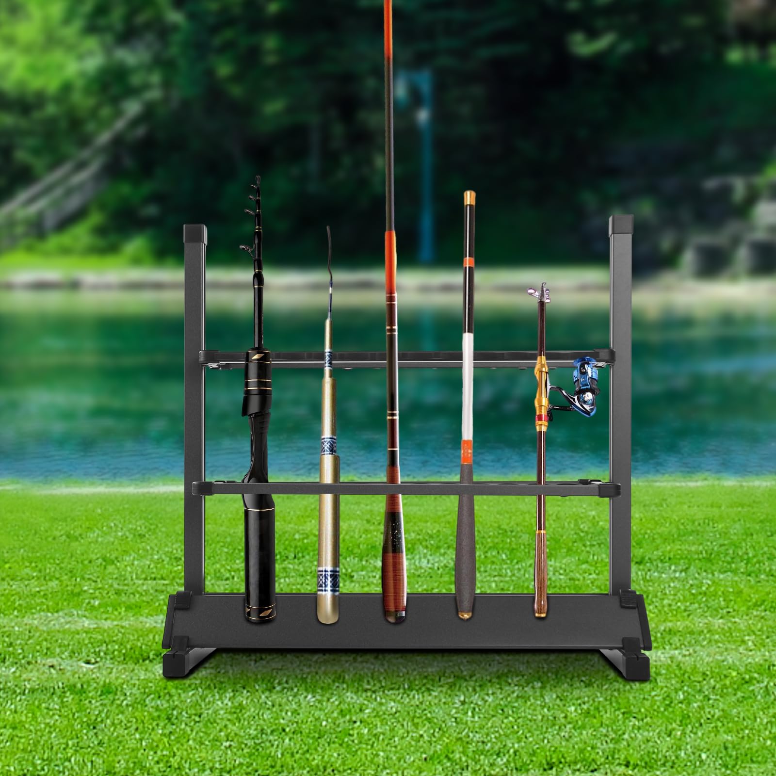 Angelrutenständer 24 Ruten Aluminium, höhenverstellbarer Rutenhalter mit EVA-Schutz, für Garage, Boot, Zuhause – Angelruten trocknen & sortieren, platzsparend – Angler Geschenk (Mattes Grau)