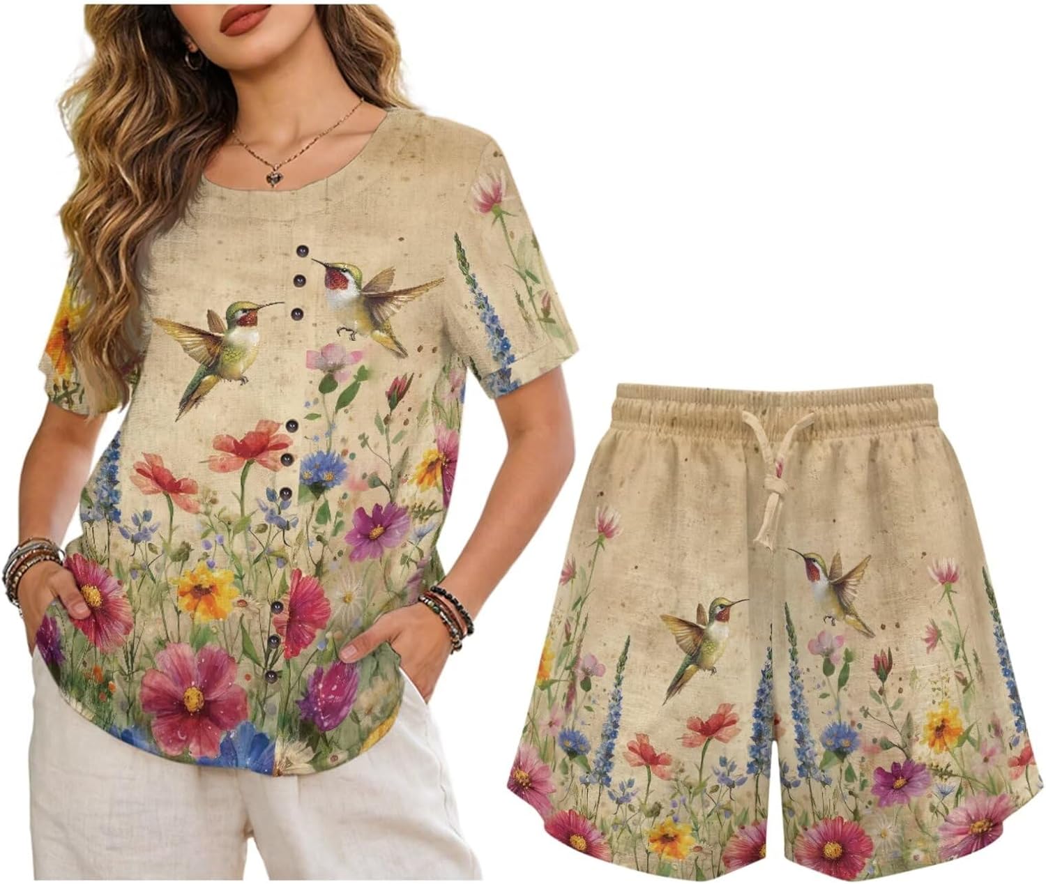 Womens 2 Piece Outfits Short Sleeve Tops and Elastic Waist Pants Travel Lounge Sets Plus Size Summer Linen Set