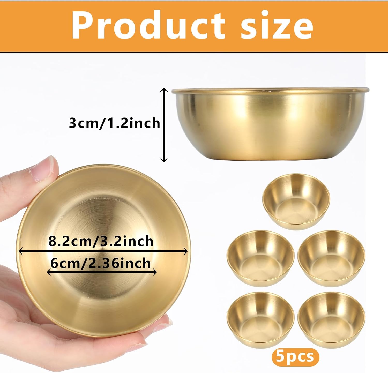 5 Pack Small Gold Bowl, 3.2 Inch Mini Stainless Steel Sauce Dishes Individual Sauce Cups Seasoning Soy Sushi Dipping Bowls Charcuterie Board Appetizer Plates, Golden