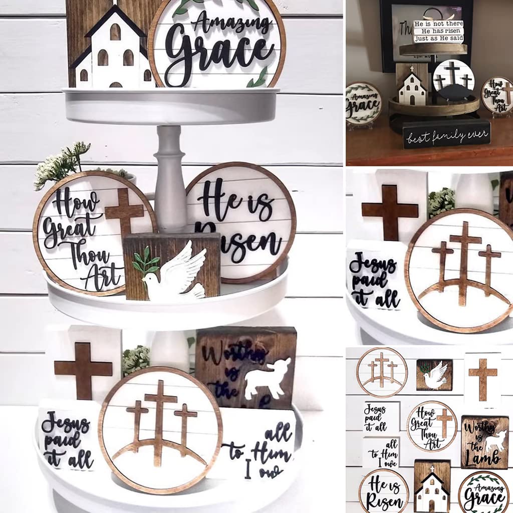 10 Pcs Jesus is Risen Easter Tray Bundle Kit,Mini Resurrection Scene Set Wooden Jesus Nativity Scene Farmhouse Farmhouse Rustic Tiered Tray Items for Indoor Home Table Mantle Office