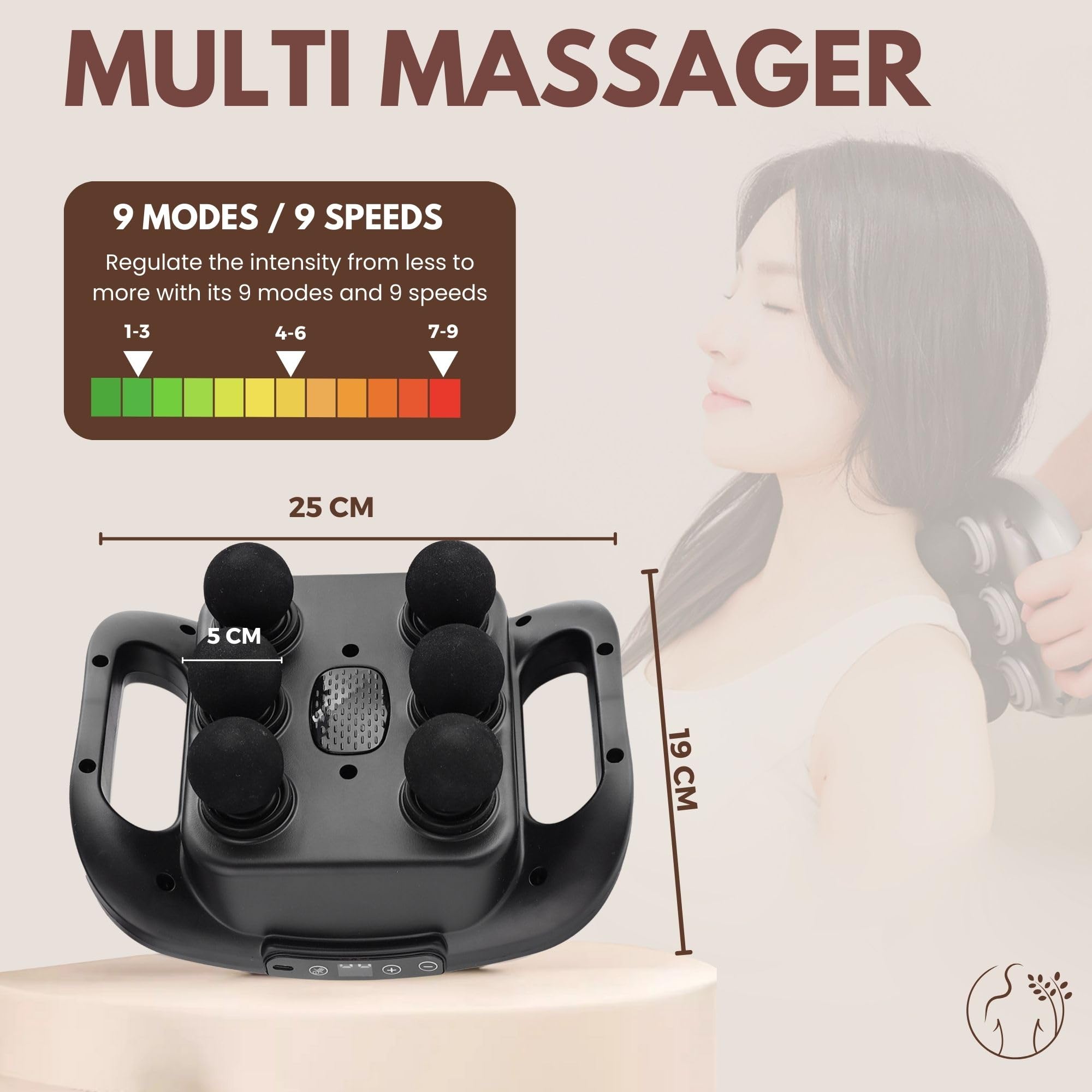 Massaggiatore Elettrico a 6 Testine. Pistola per Massaggio Muscolare con 9 Livelli e 9 Modalità. Cuscino Massaggiante per Schiena, Gambe, Cosce, Addome. Strumento di Massaggio per il Relax.
