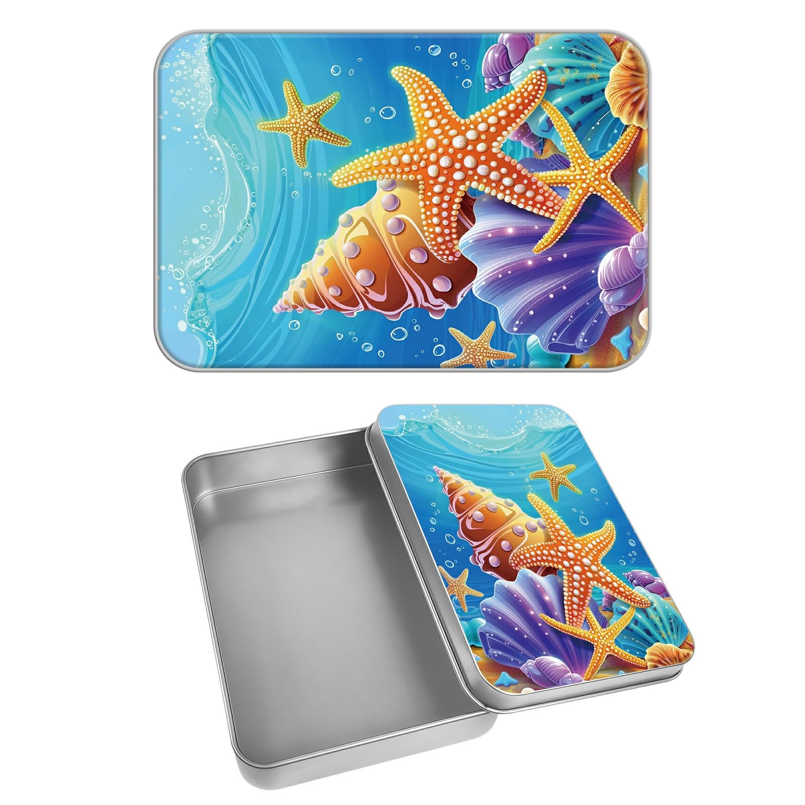 Rectangular Metal Tin Box with Removable Lid, Ocean Starfish Decorative Printed Metal Storage Container for Cards, Diaries, Home Organization 4.53 x 3.35 x 0.86 inch– Single Pack