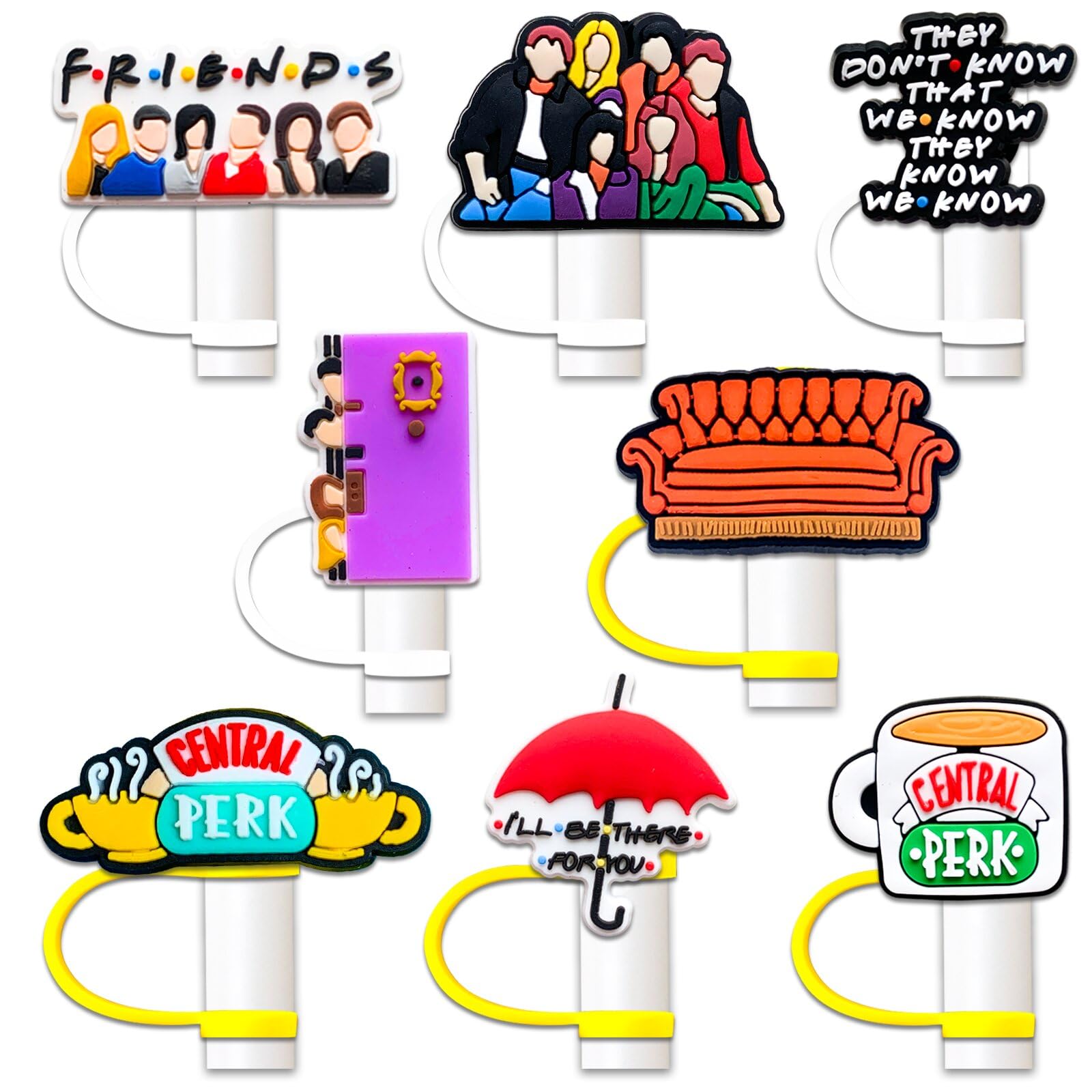 8Pcs Friend Straw Cover Toppers, 10mm Reusable Straw Cover Caps, Drinking Dust Proof Straw Tips Lids for Tumbles Cups Accessories (Friend)