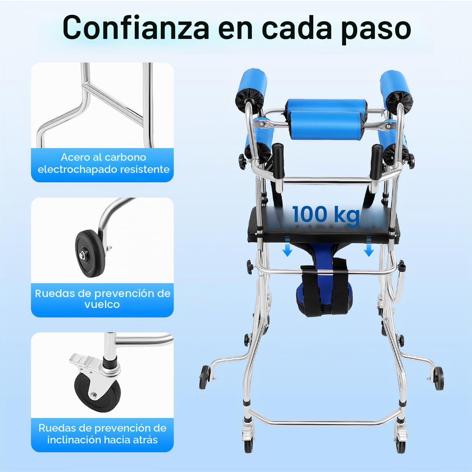 Andador para personas mayores, marco de rehabilitación hemiplejía con 10 niveles ajustables, altura de 5 niveles de ancho, andador para adultos, 8 ruedas con frenos, para personas de 150-180 cm