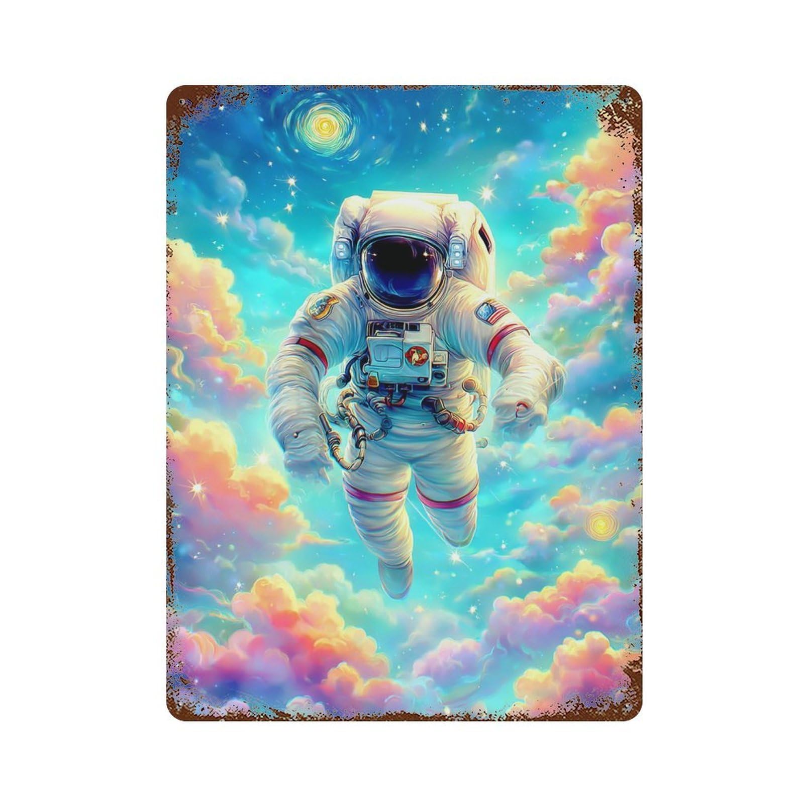 Rust Effect Cosmic Astronaut Journey-1 Rustic Tin Plaque 15.7"x11.8", Industrial Home Decor for Bistro, Counter And Cafe Decor