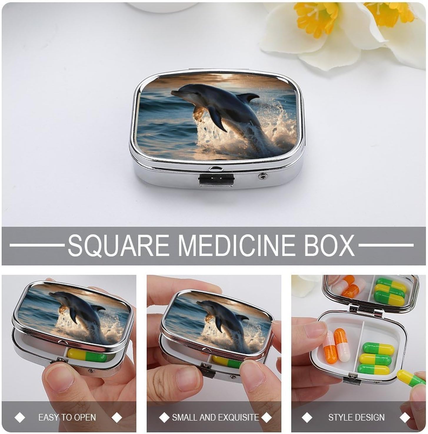 Beautiful Dolphin Square Pill Case, Metal Pill Organizer image 4