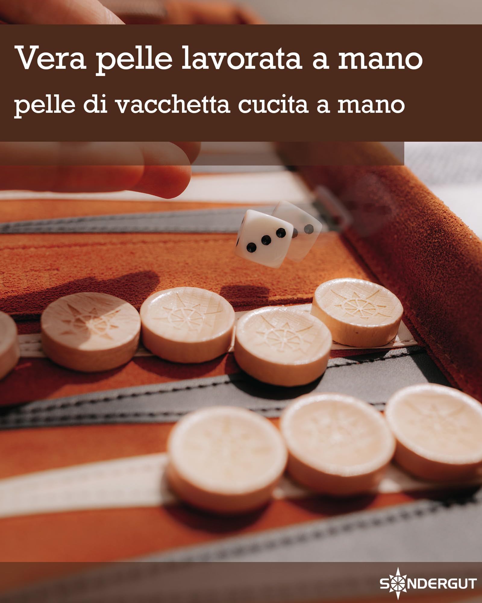Sondergut Backgammon Deluxe – Design brevettato pieghevole e vera pelle – Design elegante – Pietre da gioco in legno di faggio di alta qualità, 30 x 40 cm
