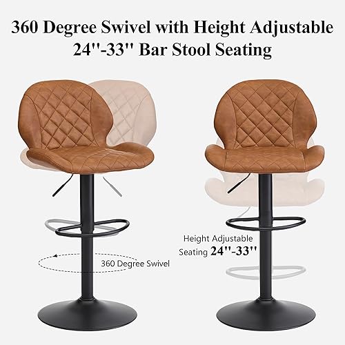 Miniatura 3 de Juego de 2 taburetes de bar giratorios marrones con respaldo, taburete de bar ajustable de 24 a 33 pulgadas, taburete de bar tapizado de piel