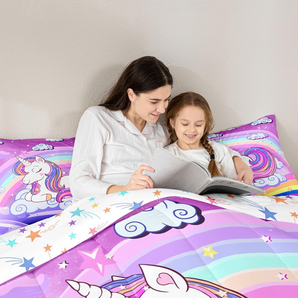 Feelyou Unicorn Bedding 3 Pieces Rainbow Unicorn Comforter Set,Cute Unicorn Comforter for Girls Teens Queen Size