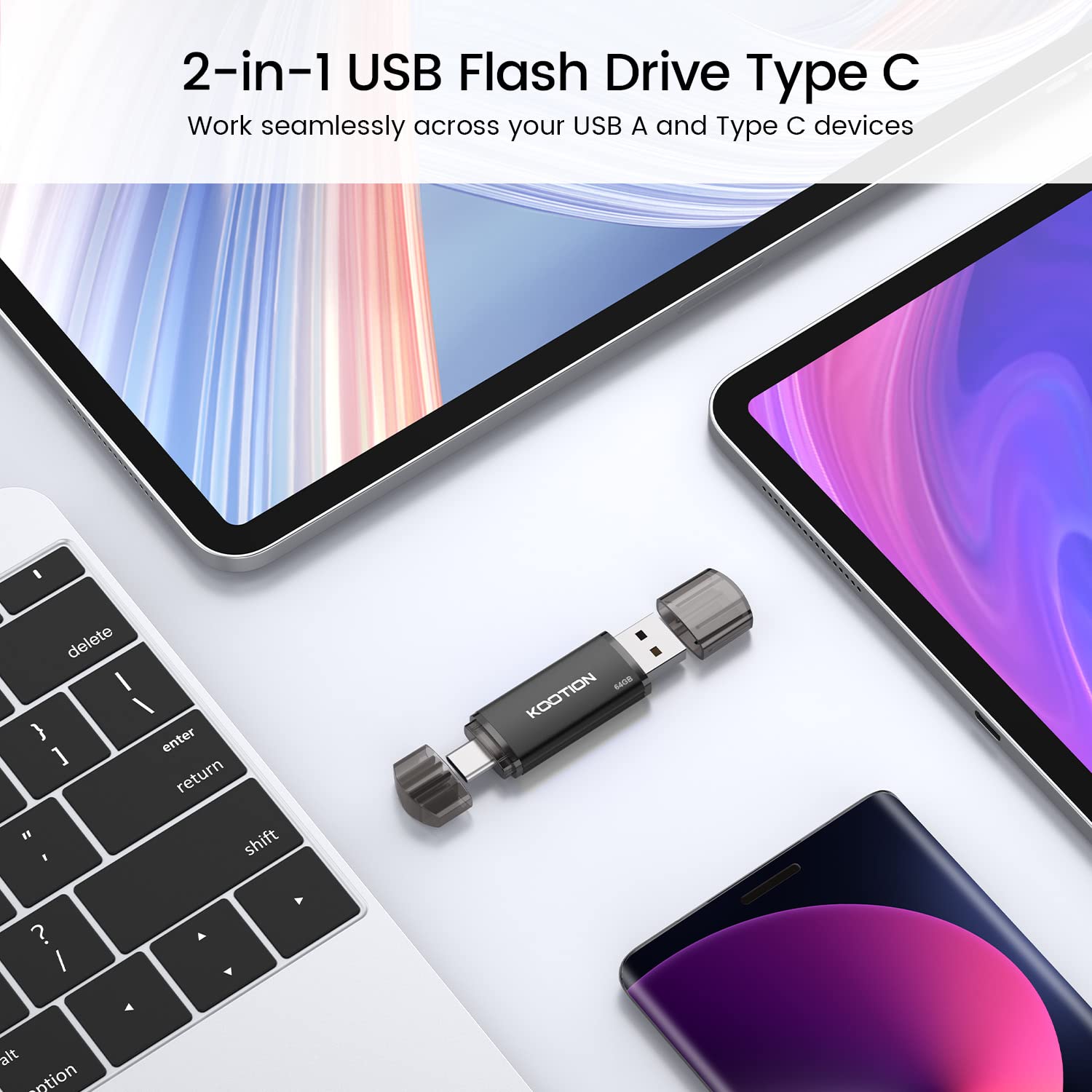 KOOTION Chiavetta USB C 64GB Pendrive USB C Stick USB 2.0 OTG Memory Stick 64G Tipo C 2 in 1 USB-C Flash Drive Type C 64 Gbyte per PC/Laptop/Notebook, Telefono Cellulare con USB-C