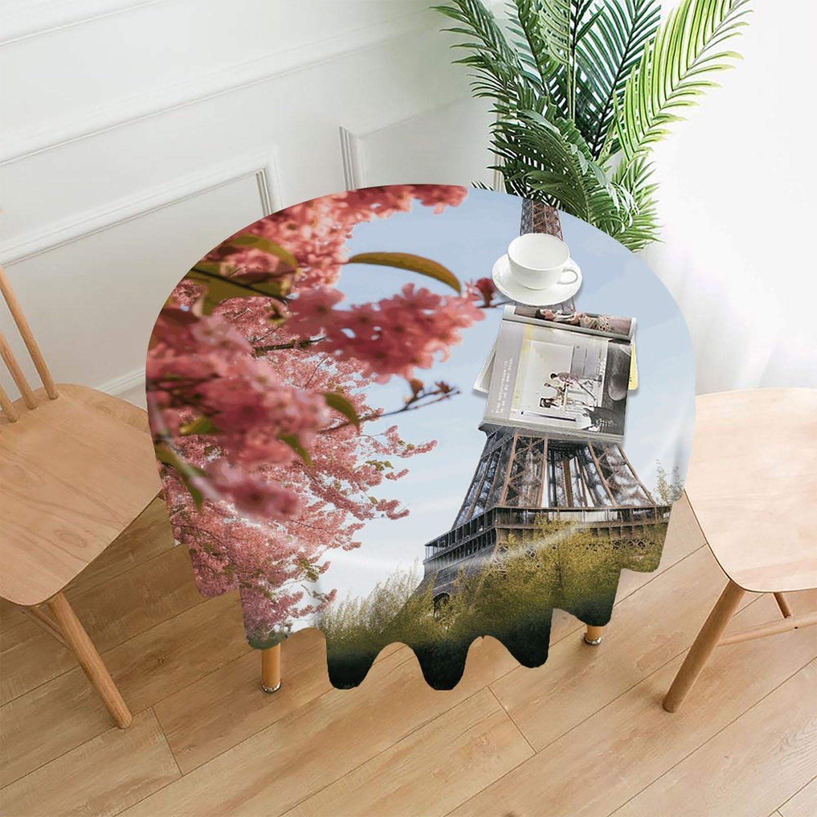 VstaDank Paris Eiffel Tower Flower Table Cloth Fashions Washable Round Tablecloth Decorative Table Cover Comfortable Straight Edge Tablecover for Dining Kitchen Party Outdoor 60 Inch