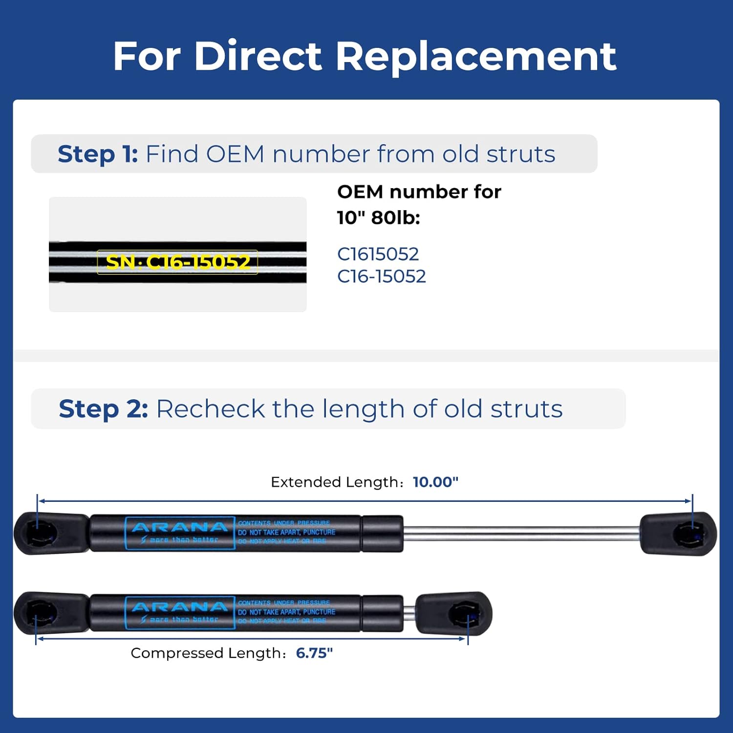 ARANA 10 inch Gas Strut 80 lb, 28052 Truck Tool Box Shocks, C16-15052 Lift Support Spring Gas Struts for Weather Guard/Husky/Better Built/UWS Toolbox Delta Box Lid Boat Hatch, 2 Pcs