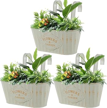 3PCS Railing Planter, Hanging Flower Pots with Detachable Hooks & Drainage Holes, Iron Flower Shelf for Balcony Garden Patio Decor, 27 14.5cm