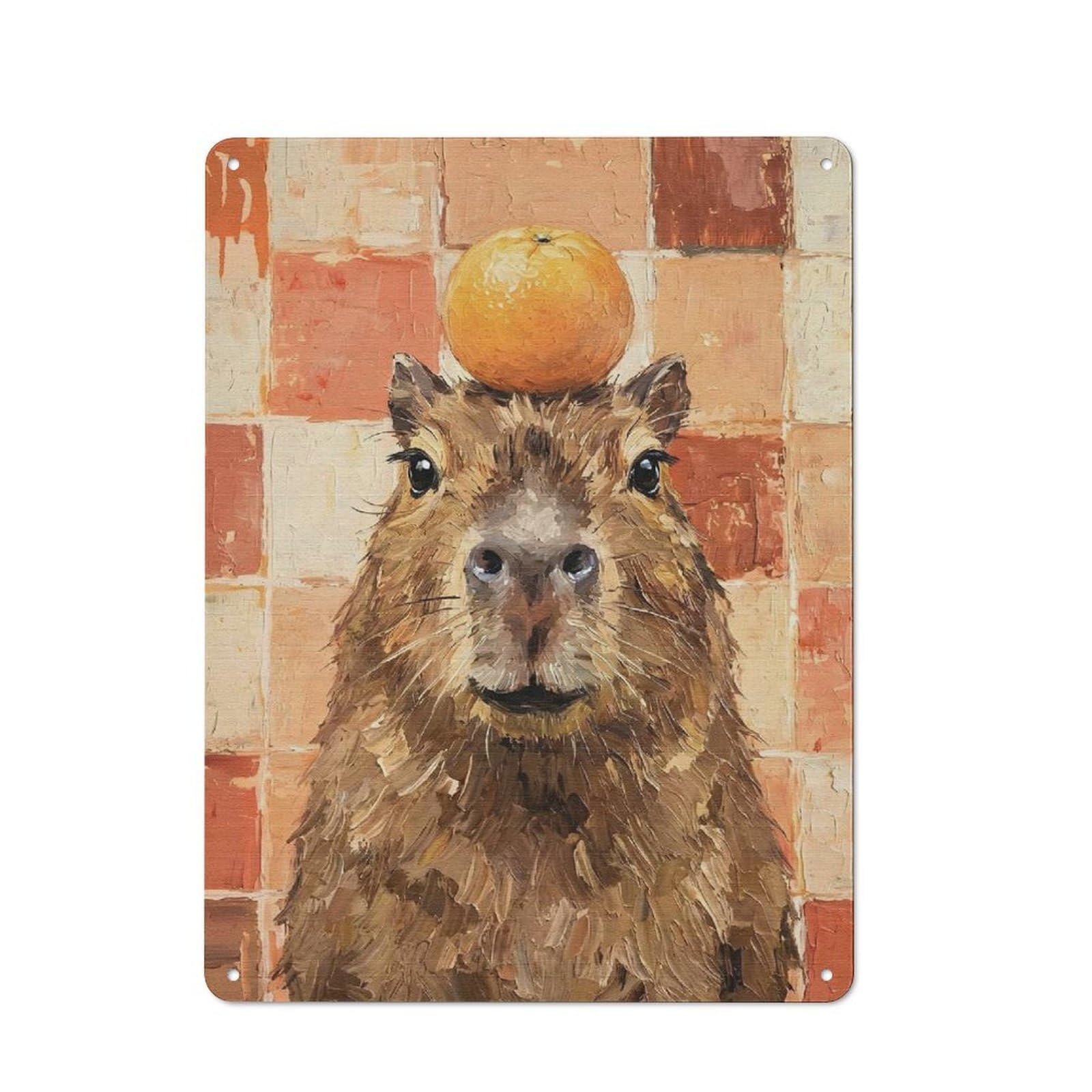 Junmoney Style-24 Country Style Kitchen Metal Sign 40X30cm Featuring Capybara With Orange Hat, Diner Style Decor For Kitchen, Cafe, Pantry Or Dining Room