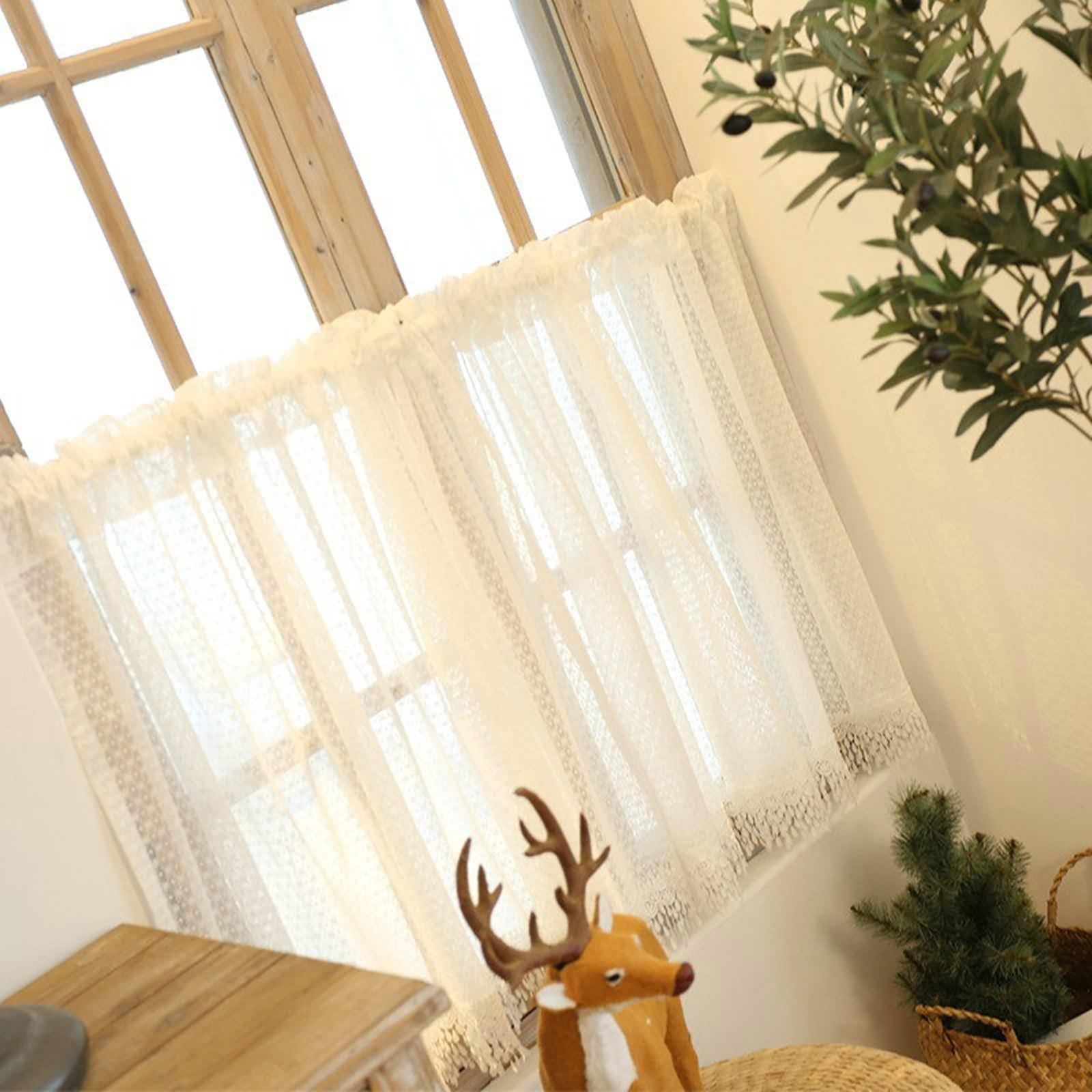 Petit Rideau Voilage, Blanc Rideau Cuisine Moderne Polyester Dentelle À Motifs Floraux LxH 130x130cm