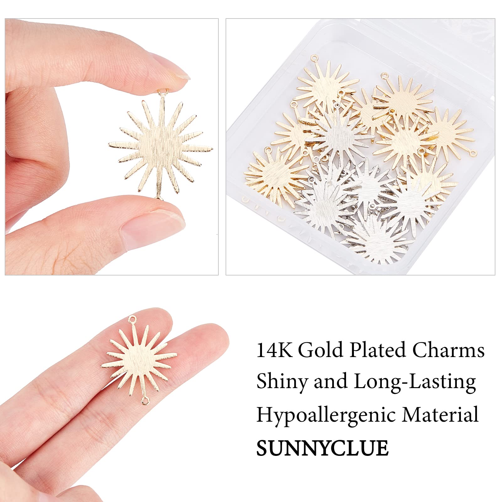 SUNNYCLUE 20 Ciondoli Connettore Sole In Ottone Placcato Oro E Argento - 2 Colori, Per Gioielli Fai Da Te, Orecchini, Collane E Bracciali