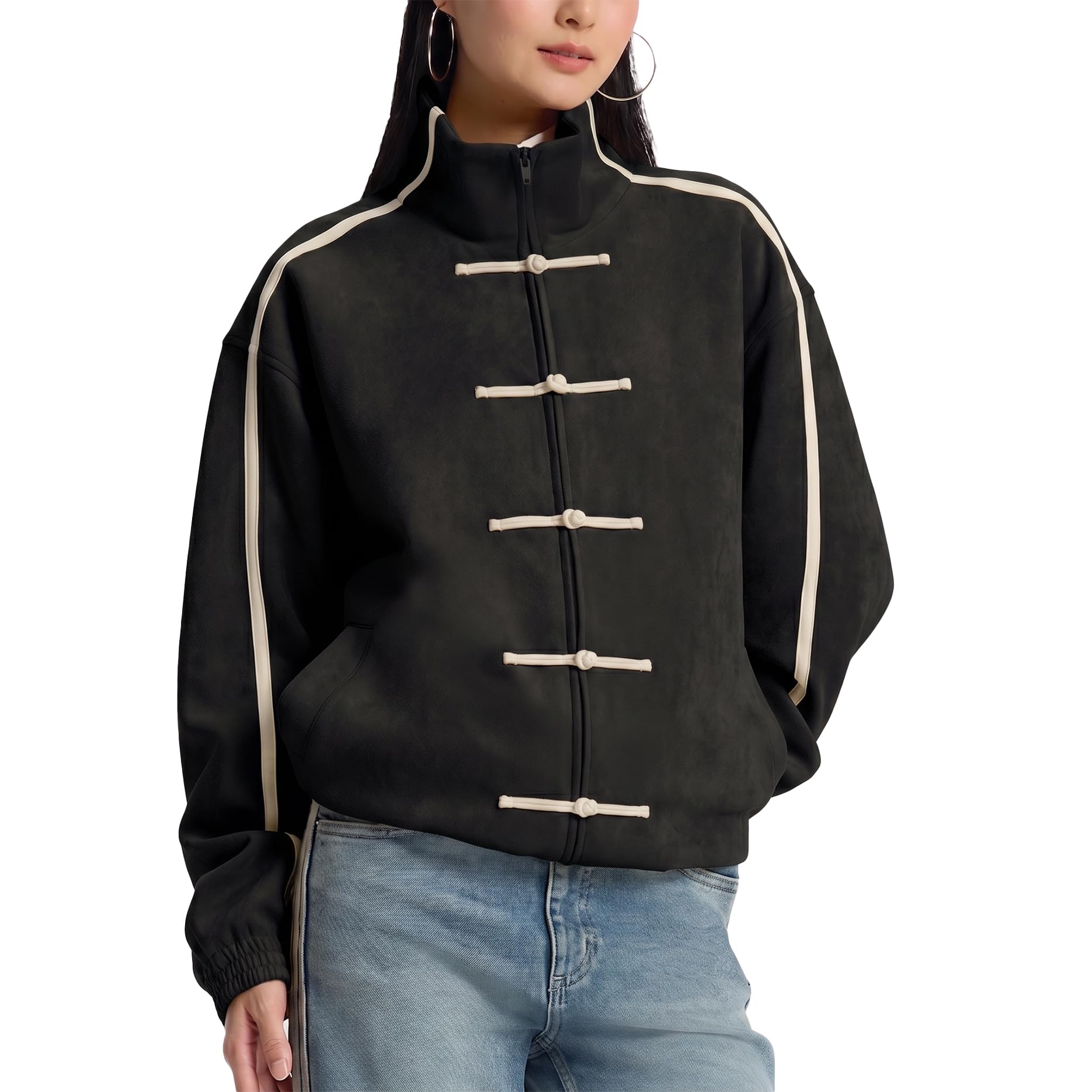 Women Chinese Style Faux Suede Track Jacket Loose Fit Streetwear