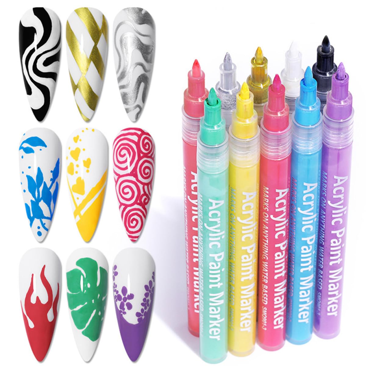 Kit de 10 Rotuladores para Dibujo de Uñas Punta Gruesa, Material Plástico, Uso Profesional en Salón de Manicura para Decoración Rápida y Precisa