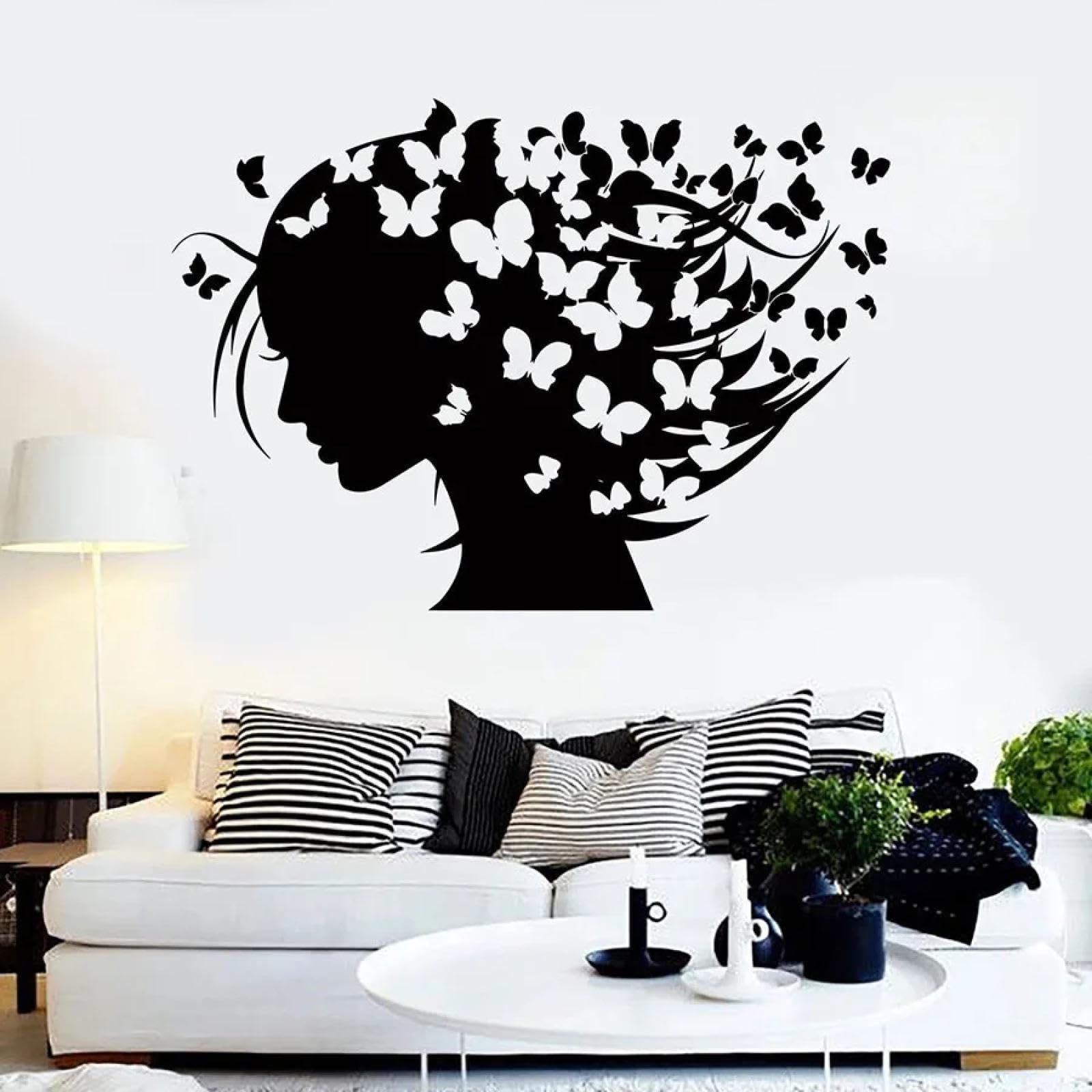 YOUOUSI Beautiful Girl Wall Sticker, Woman Silhouette Hairstyle, Butterfly Hair Salon Girl Bedroom House Vinyl Window Decal