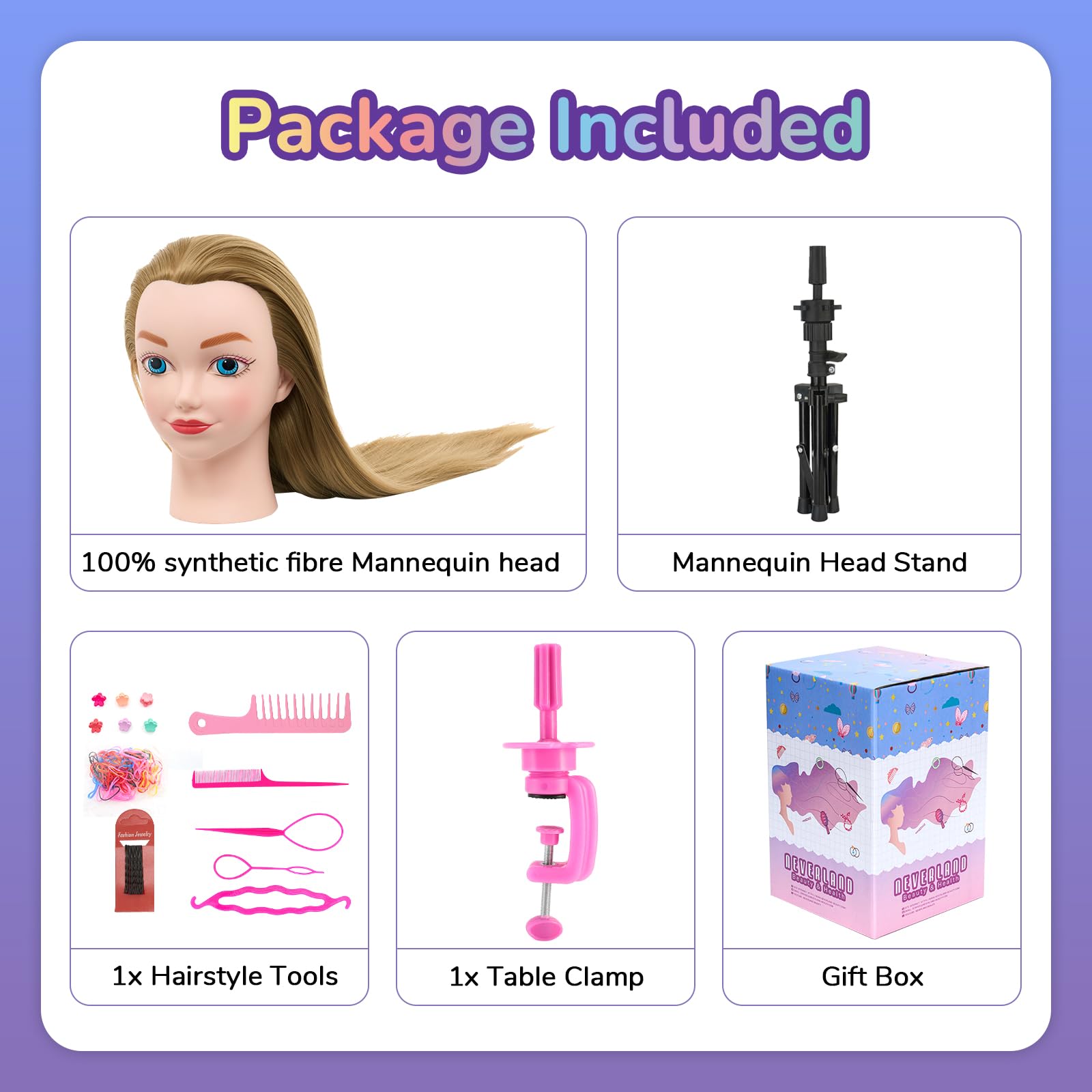 Frisierkopf mit Übungskopf ständer,Frisierkopf Echthaar 100% Synthetisches Haar Puppenkopf zum Frisieren Trainingsköpfe für Friseure Ausbildung Kopf Mit Halter + DIY Haare Set(Blond)